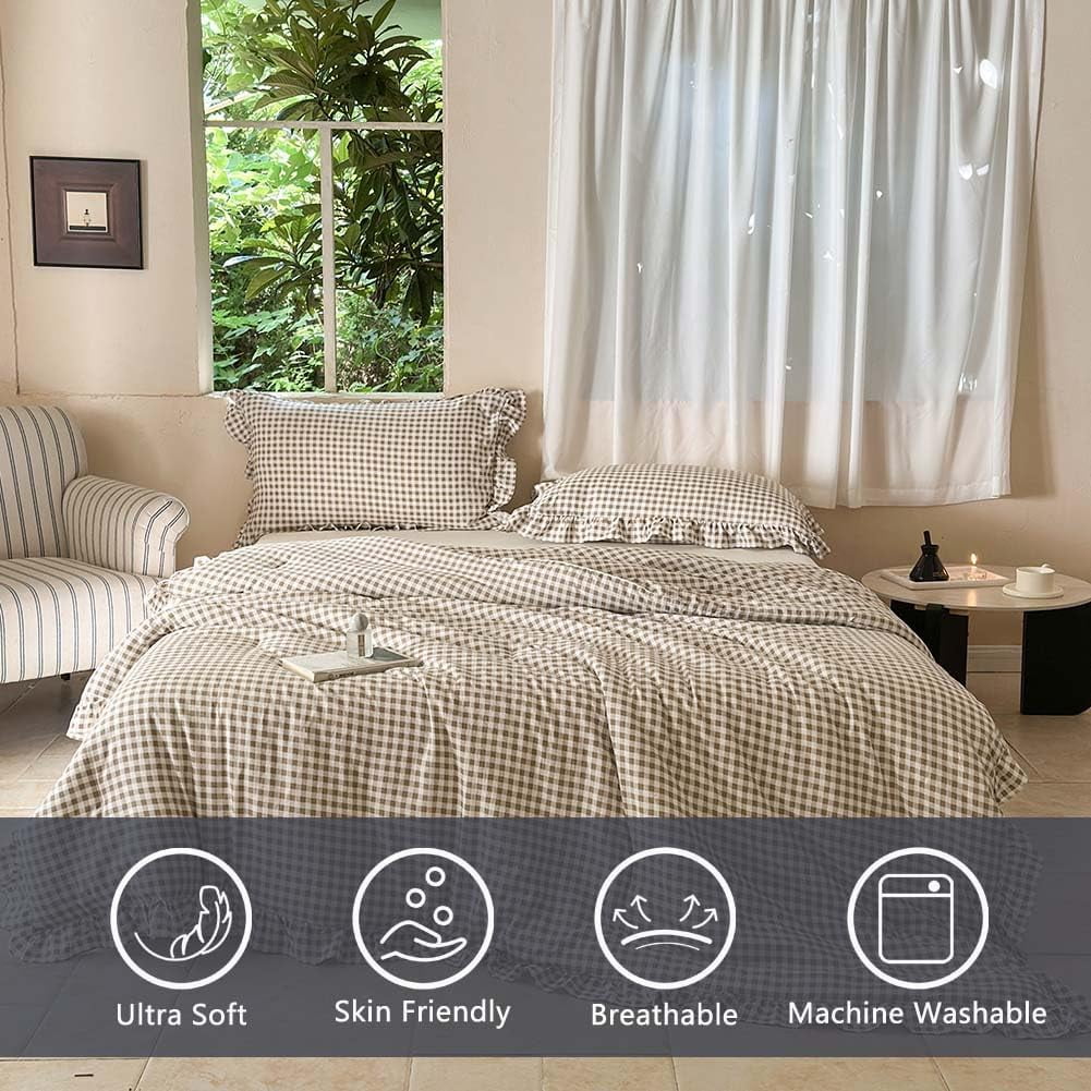 Hypoallergenic Cloud Tan Gingham Ruffle Queen Comforter Set, Taupe Ruffled Plaid Bedding Set, Ruffled Checked Bed Comforter 3 Pieces(Tan G... - Hypoallergenic Ultra-Fluffy Quilt for Winter Detail