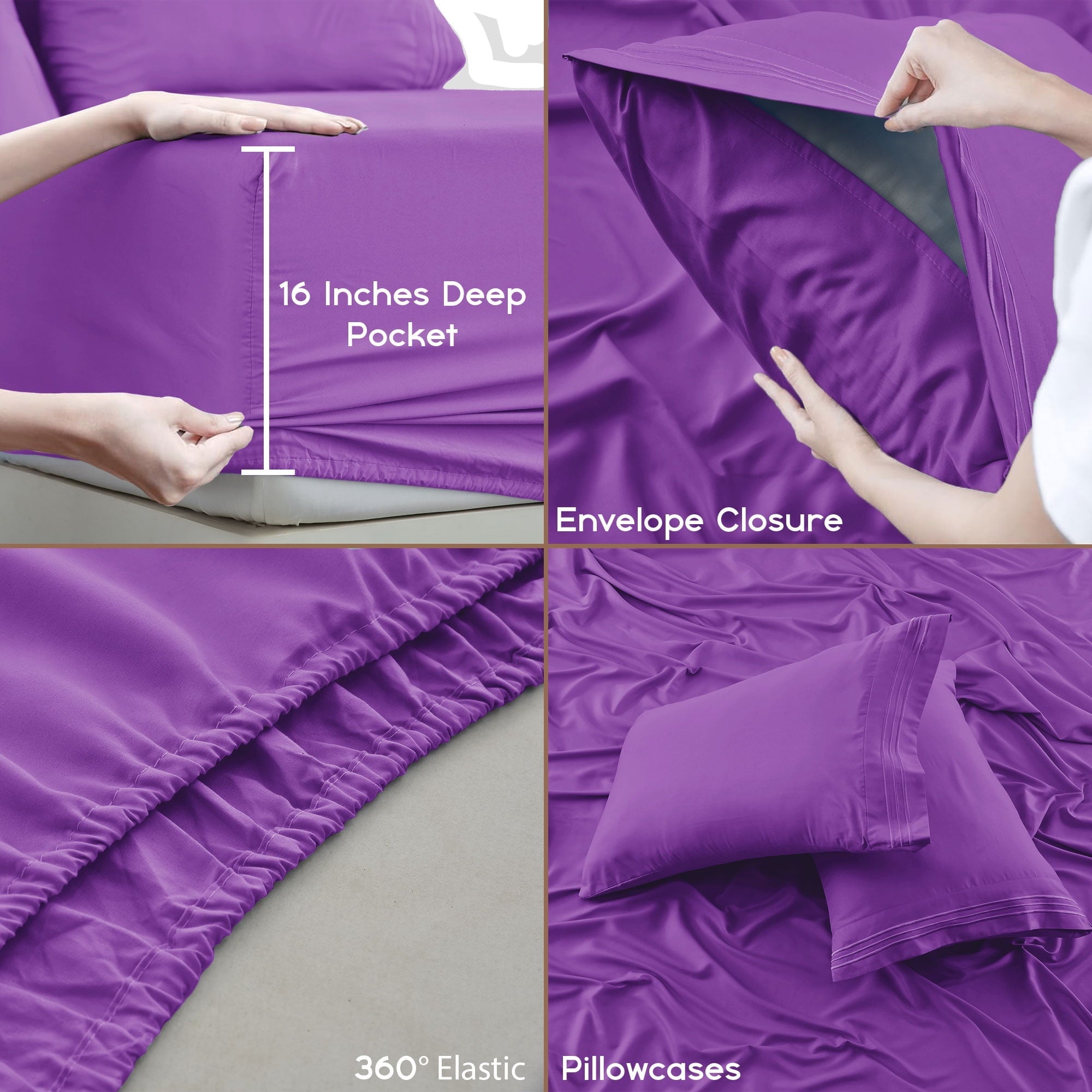 Ultra-Soft King Bed Sheets - 16 Inch Deep Pocket 6 Piece Microfiber Bedding Sheets & Pillowcase Sets - Purple - Breathable Egyptian Cotton Flat & Fitted Sheets Detail