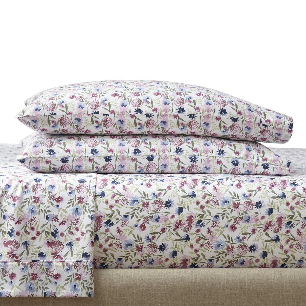 Premium Egyptian Cotton 4-Piece 300 Thread Count Bashful Blooms Cool Cotton Sateen Bed Sheet Set, Queen - Breathable Egyptian Cotton Flat & Fitted Sheets Detail
