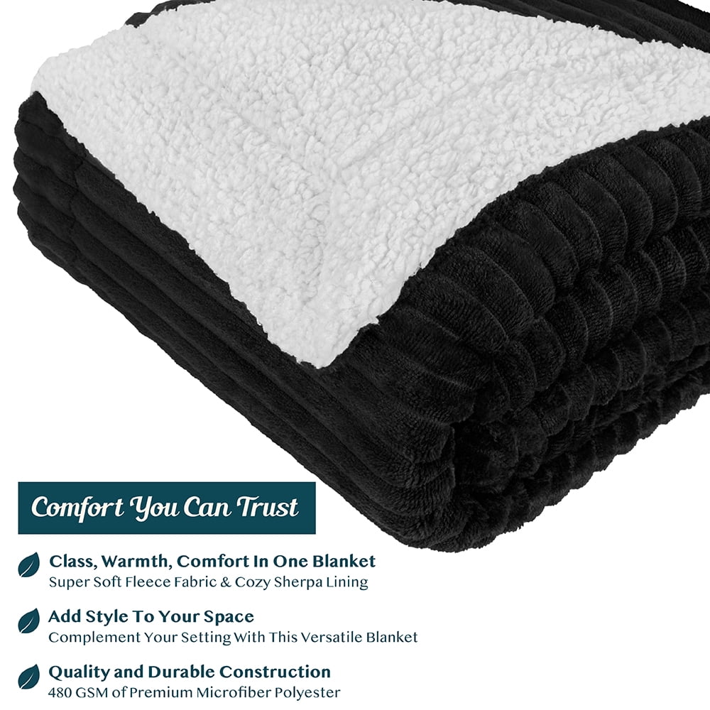 Decorative Knitted Reversible Sherpa Fleece Throw Blanket Black, Plush Flannel Throw, Ultra Soft Warm Ribbed Microfiber Blanket for Sofa... - Super Soft Reversible Sherpa Flannel Blanket Detail