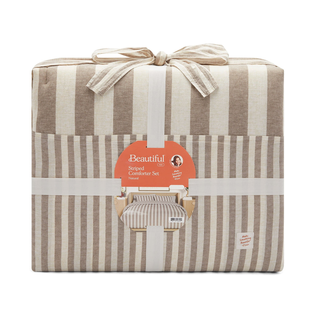 All-Season 100% Cotton Striped 3-Piece Natural Comforter Set, Full/Queen - All-Season Down Alternative Comforter Insert Detail