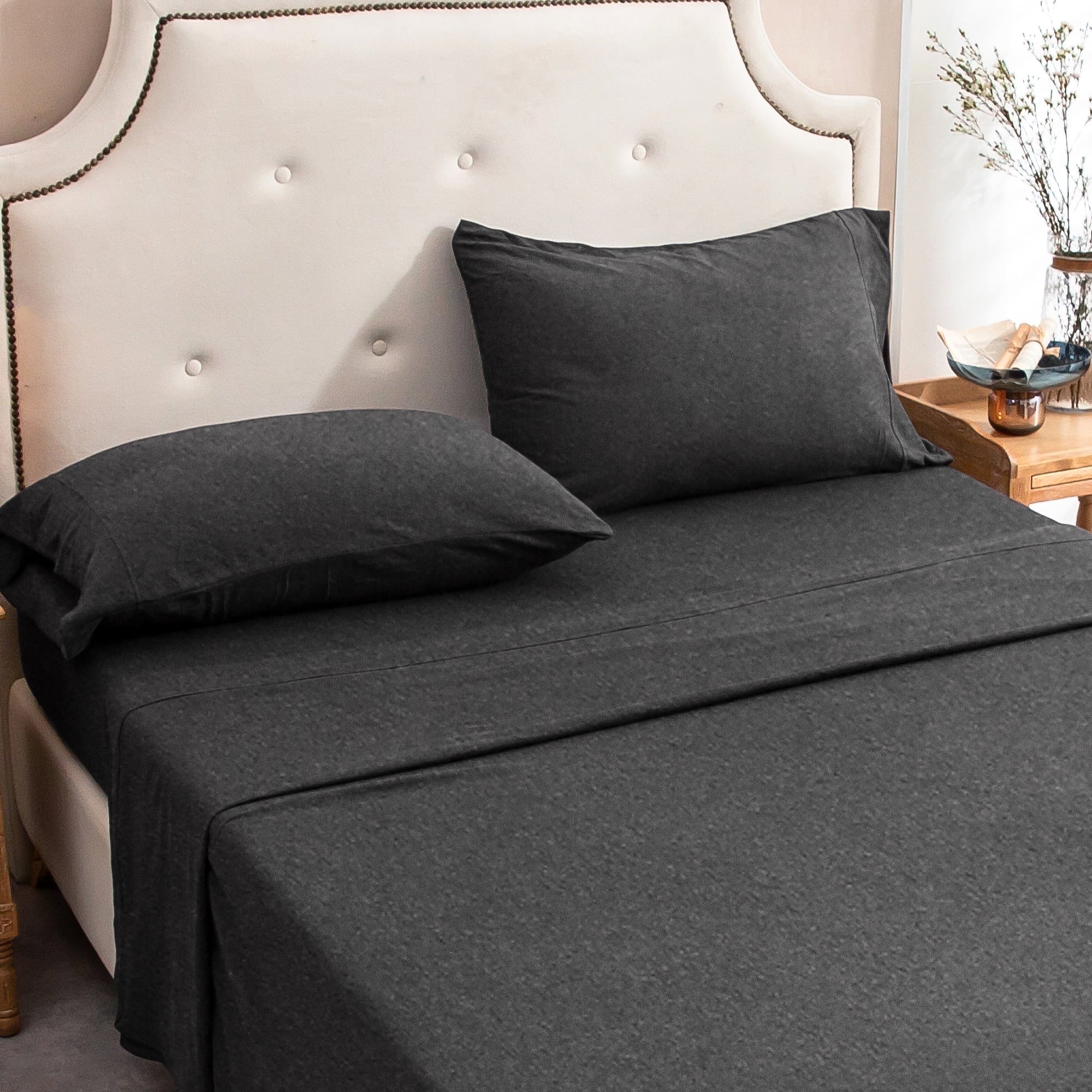 Wrinkle-Resistant 100% Cotton Jersey Knit 4pc Bed Sheet Set Extra Deep Pocket up to 20" Charcoal Gray Queen - Premium Ultra-Soft Pillowcase Pair for Sleeping Detail