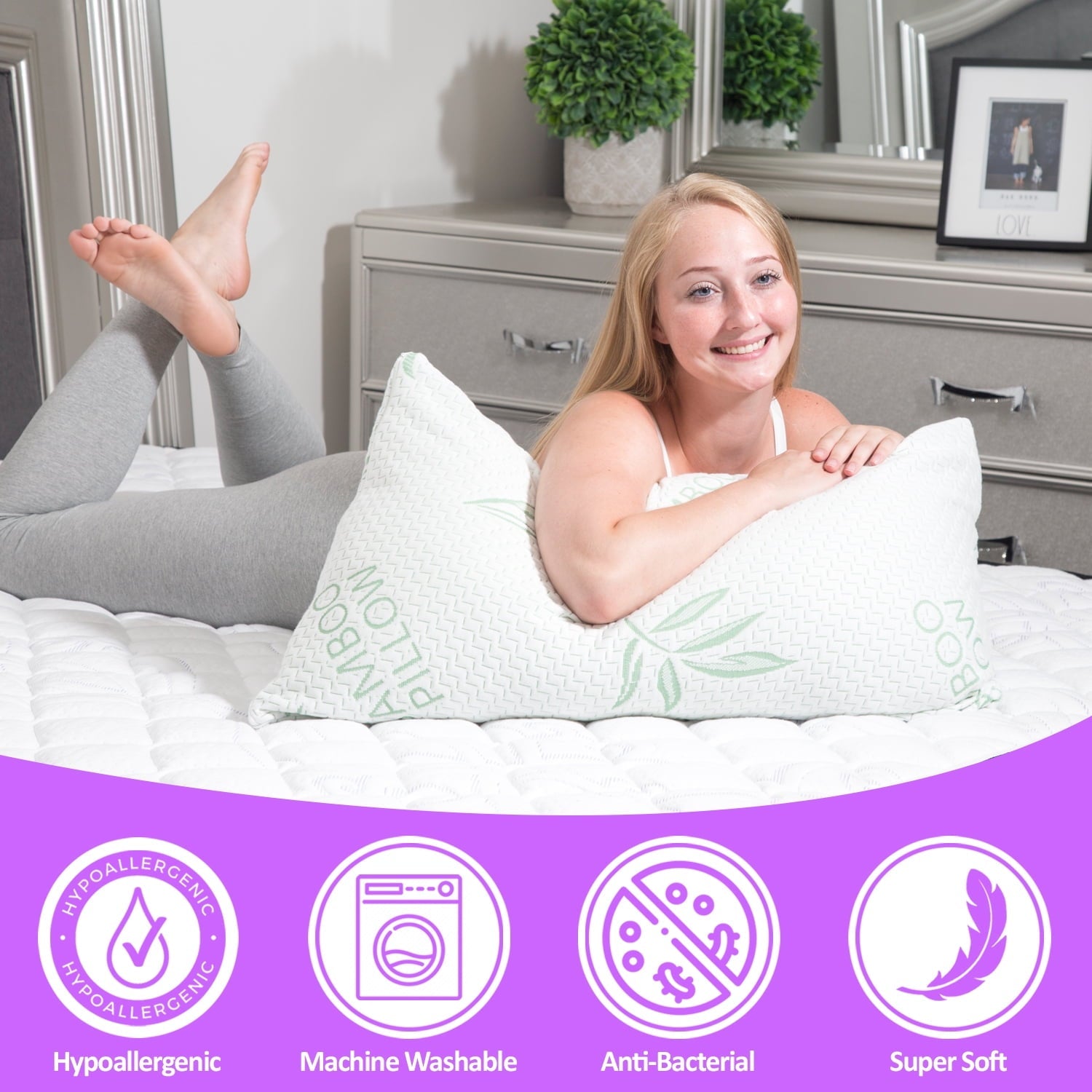 Ergonomic Memory Foam King Size Bamboo Pillow, Memory Foam Bed Pillows with Washable Pillowcases, King - Hotel Quality Plush Sleeping Pillows Detail