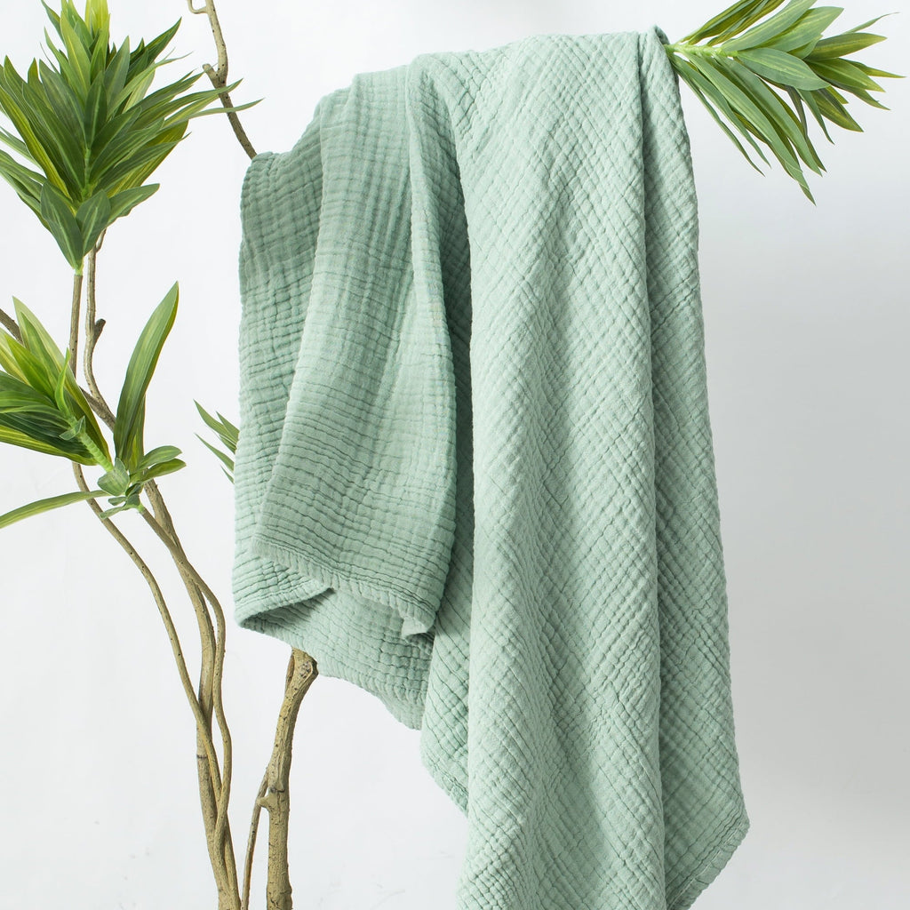 Reversible Sherpa 100% Cotton Muslin Throw Blanket Gauze Blankets for Adults Soft Throws for Bed and Couch, 50" x 70" Sage Green - Cozy Fleece Throw Blanket for Couch & Bed Detail