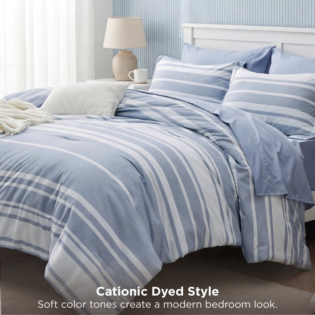 Fluffy Down Alternative Queen Comforter Set Blue, Bed in a Bag Queen Size Bedding 7-Pieces, Striped Bedding Set for All Seasons - Luxurious Quilted Duvet Cover Set Detail