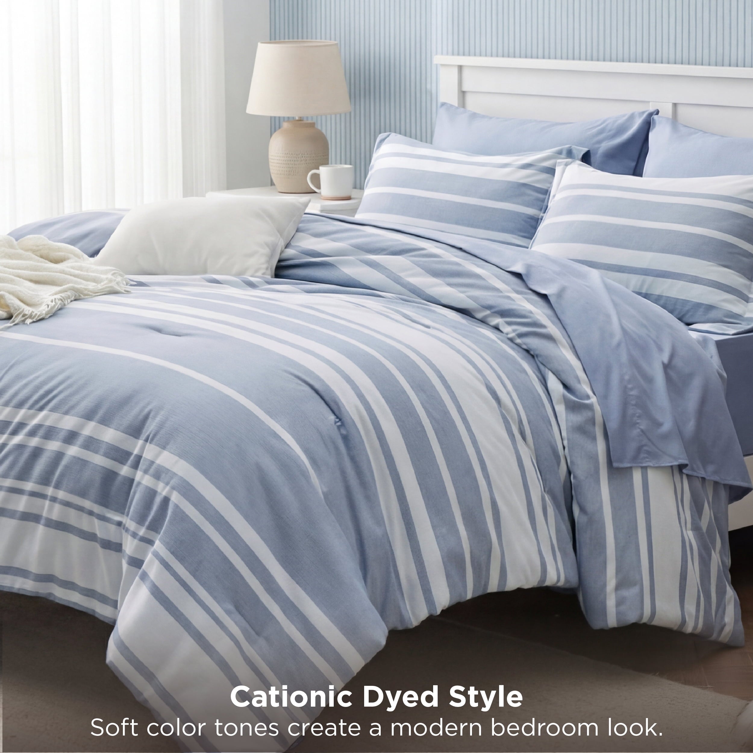 Fluffy Down Alternative Queen Comforter Set Blue, Bed in a Bag Queen Size Bedding 7-Pieces, Striped Bedding Set for All Seasons - Luxurious Quilted Duvet Cover Set Detail