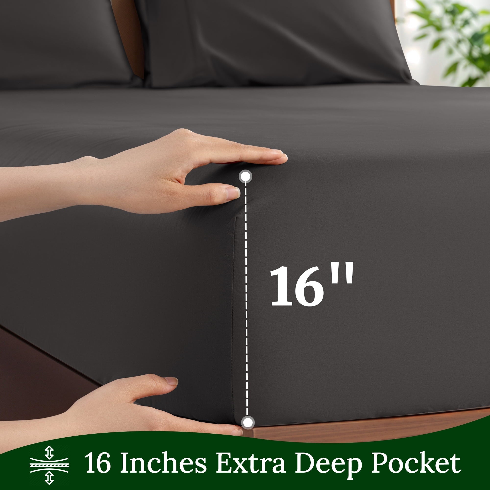 Breathable Luxury 100% Cotton Bed Sheets Set, 1000 Thread Count 4 Piece Luxury Soft Sheets Set with 16" Deep Pocket, Queen, Dark Gray - Cooling Hotel Quality Bedding Sheets and Pillowcases Detail
