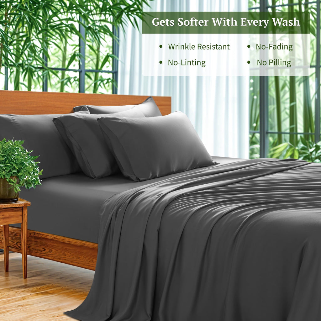 Premium Egyptian Cotton 6 Pieces Bamboo Bed Sheets Set, Luxury Rayon Derived - Deep Pockets - Wrinkle Free - Extremely Soft, Queen, Dark Gray - Breathable Egyptian Cotton Flat & Fitted Sheets Detail