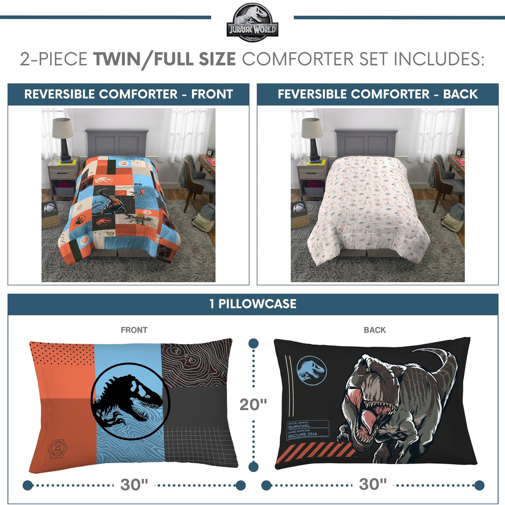 Luxurious Quilted Kids 2 Piece Blue Orange Reversible Dinosaur Comforter and Pillowcase set, Twin/full - All-Season Down Alternative Comforter Insert Detail