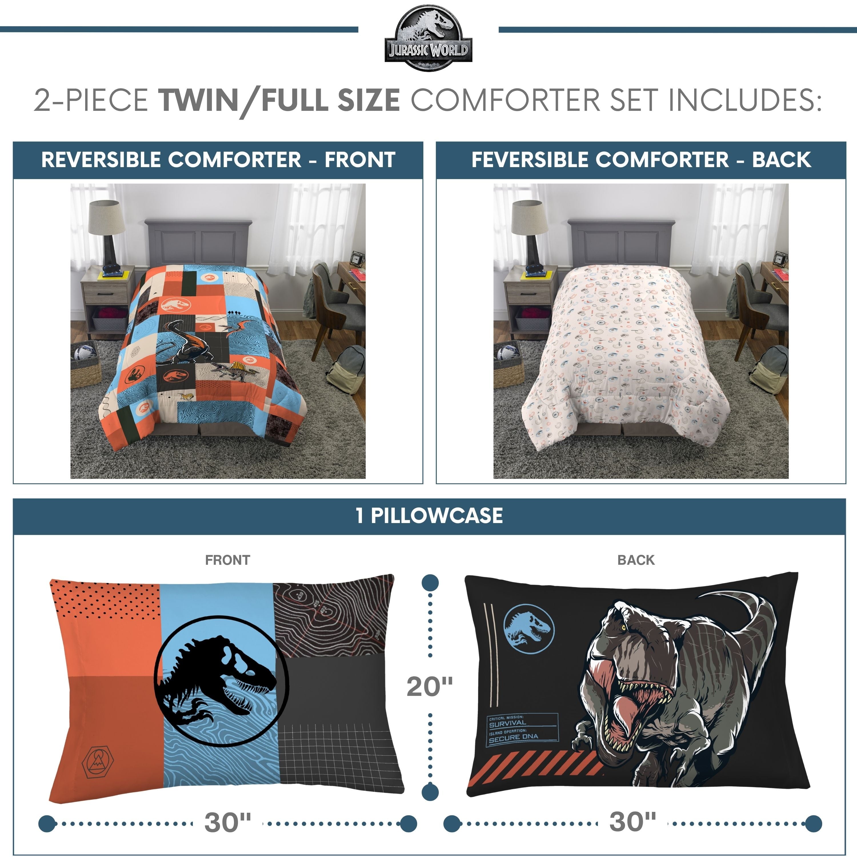 Luxurious Quilted Kids 2 Piece Blue Orange Reversible Dinosaur Comforter and Pillowcase set, Twin/full - All-Season Down Alternative Comforter Insert Detail