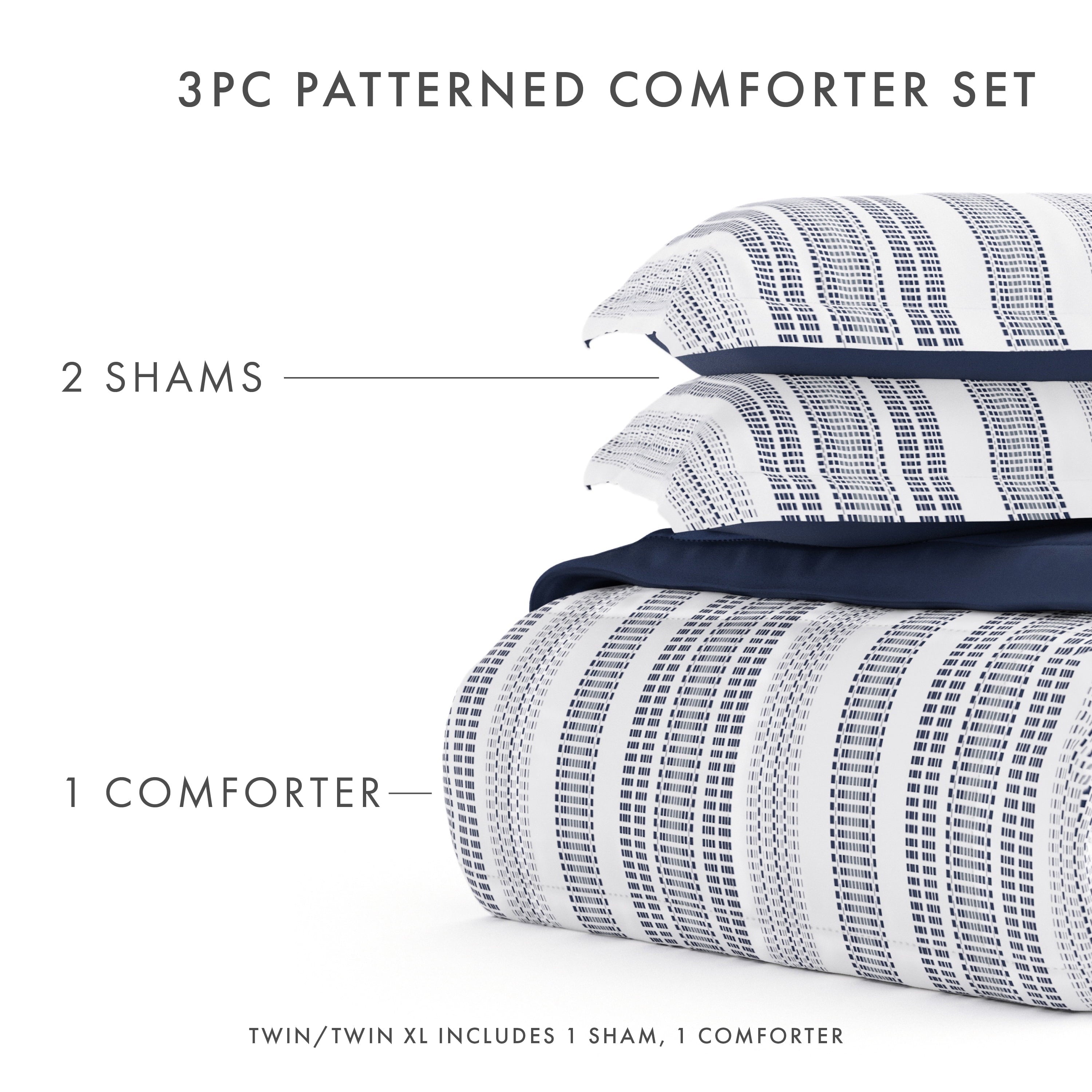Hypoallergenic Cloud 2-Piece Navy Farmhouse Dreams ReversiblePrint Comforter Set, Twin/TwinXL - All-Season Down Alternative Comforter Insert Detail
