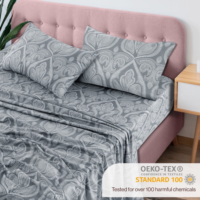Ultra-Soft Lux Decor 4 Piece Queen Sheet Set, Brushed Microfiber Paisley Printed Bed Sheet Set with up to 16" Deep Pocket Fitted... - Cooling Hotel Quality Bedding Sheets and Pillowcases Detail