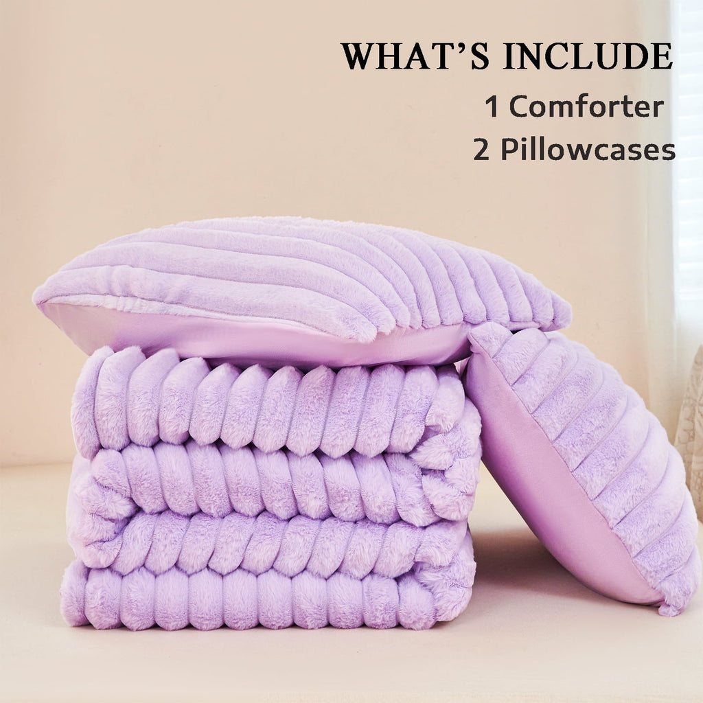Luxurious Quilted Fleece Twin Comforter Set, Light Purple Super Soft Furry Plush Bedding, Luxury Fluffy Fuzzy Heavy Bed Set for Winter ... - Luxurious Quilted Duvet Cover Set Detail