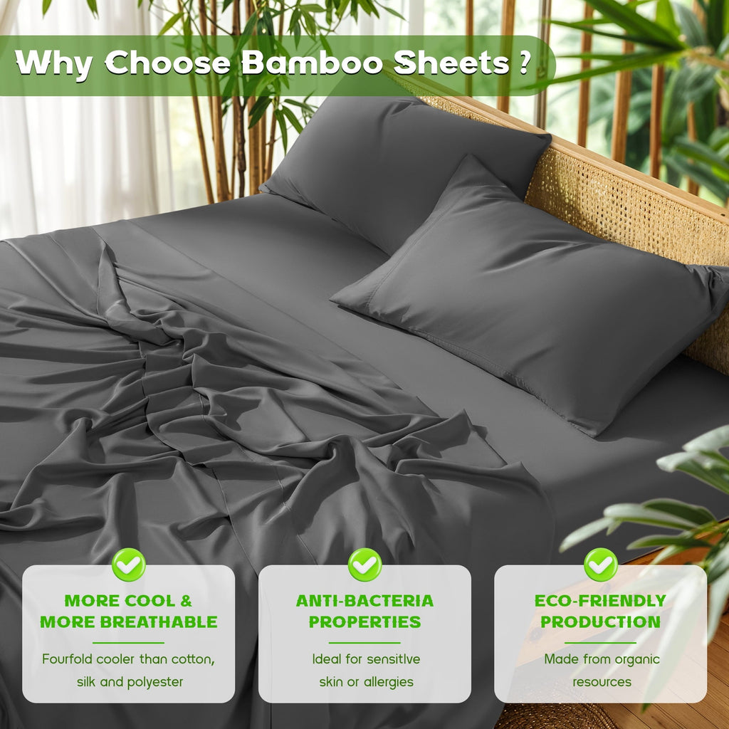 Breathable Luxury Luxury Bamboo Bed Sheet Set - Deep Pockets - 4 Piece, Queen, Dark Gray - Luxury Bed Sheet Set with Deep Pockets Detail
