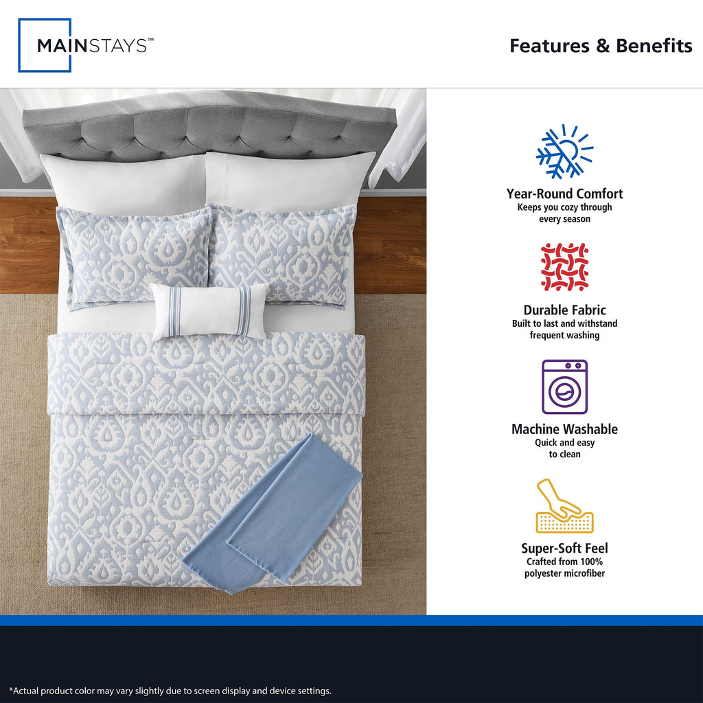 Heavyweight Warmth Full/Queen Comforter Set, All-Season, 5-Piece, Blue Matelasse Ikat - Luxurious Quilted Duvet Cover Set Detail