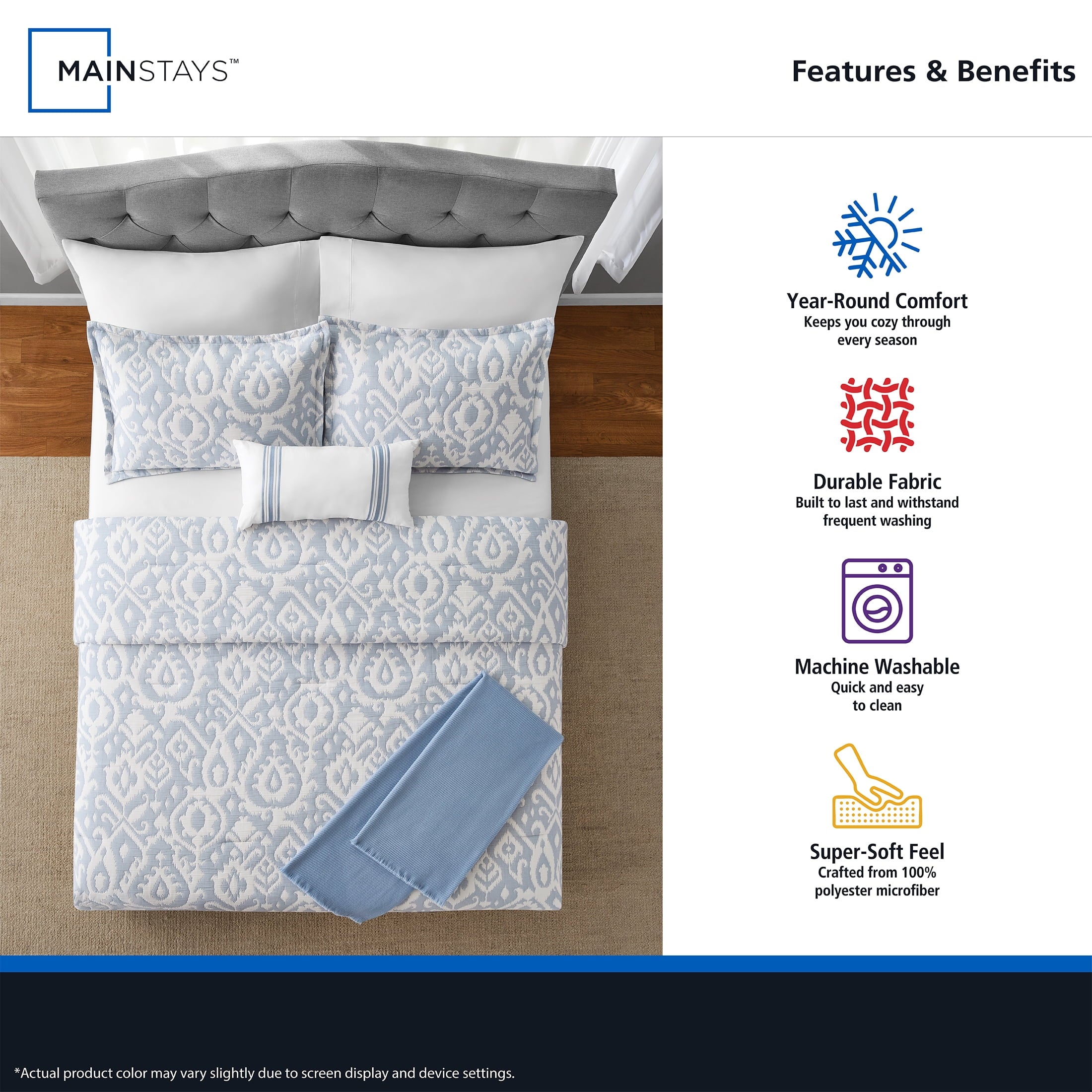 Heavyweight Warmth Full/Queen Comforter Set, All-Season, 5-Piece, Blue Matelasse Ikat - Luxurious Quilted Duvet Cover Set Detail