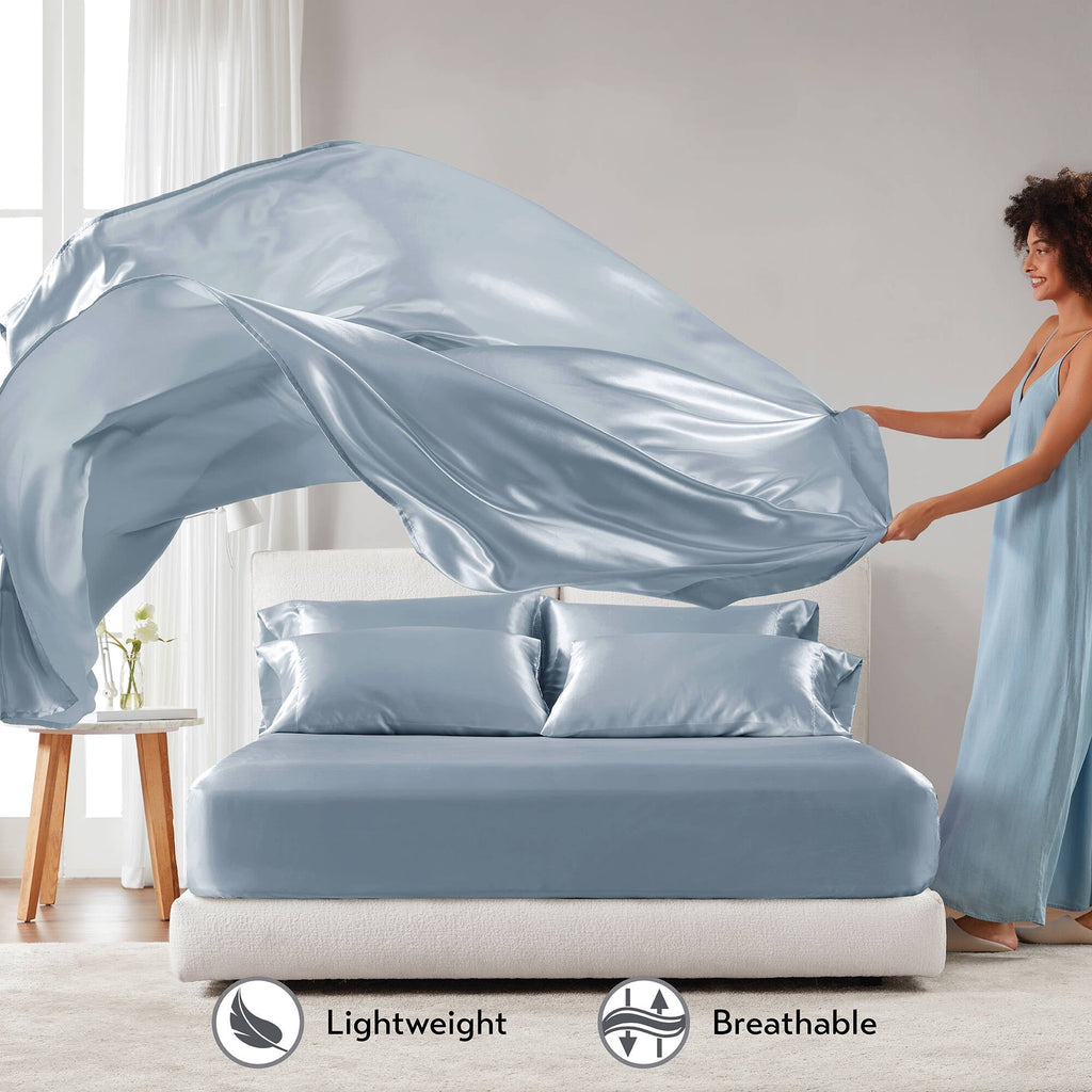 Premium Egyptian Cotton Satin Sheet Set, Twin Bed Sheets with Pillowcases, 4-Piece Luxury Silky Sheet Set, Blue, Gifts for Women - Cooling Hotel Quality Bedding Sheets and Pillowcases Detail