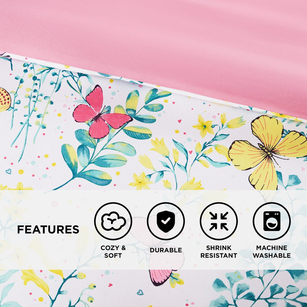 Heavyweight Warmth Full/Queen Size Comforter Sets, 4-Piece Kids Bedding Set for Girls, Butterfly Floral Comforter Bed Set, White/Pink - All-Season Down Alternative Comforter Insert Detail