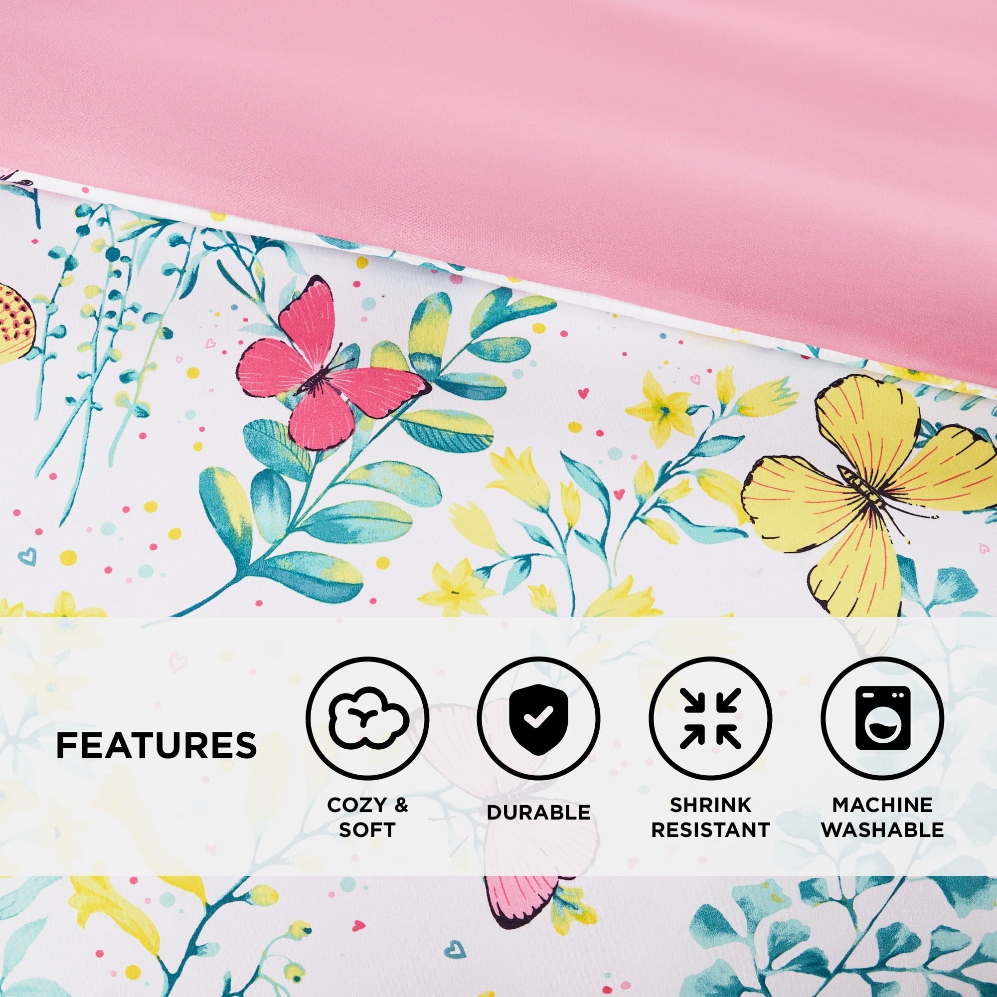 Heavyweight Warmth Full/Queen Size Comforter Sets, 4-Piece Kids Bedding Set for Girls, Butterfly Floral Comforter Bed Set, White/Pink - All-Season Down Alternative Comforter Insert Detail