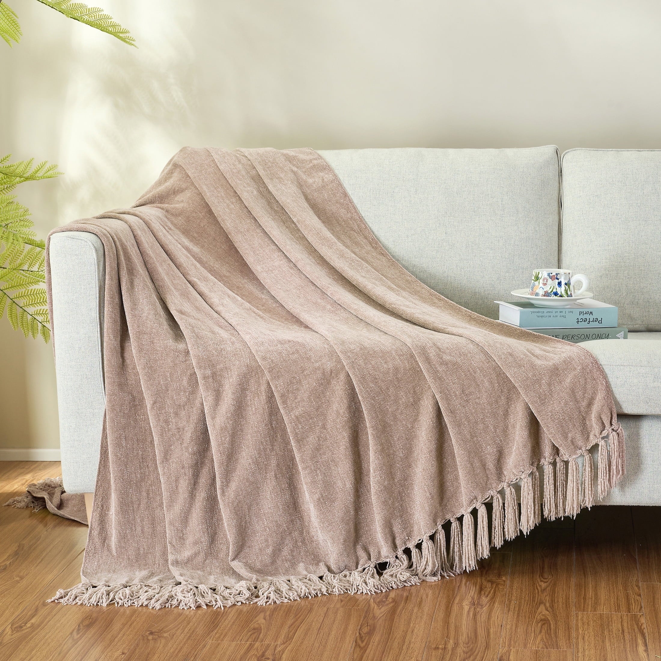 Decorative Knitted Chenille Throw Blanket with Fringe Tassel for Couch Sofa Chair Bed, Taupe 50" X 60" - Super Soft Reversible Sherpa Flannel Blanket Detail