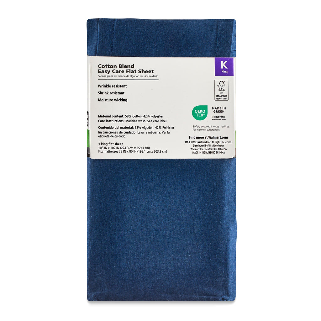 Wrinkle-Resistant 300 Thread Count Easy Care Blue Cove Cotton Blend Percale Flat Bed Sheet, King - Cooling Hotel Quality Bedding Sheets and Pillowcases Detail