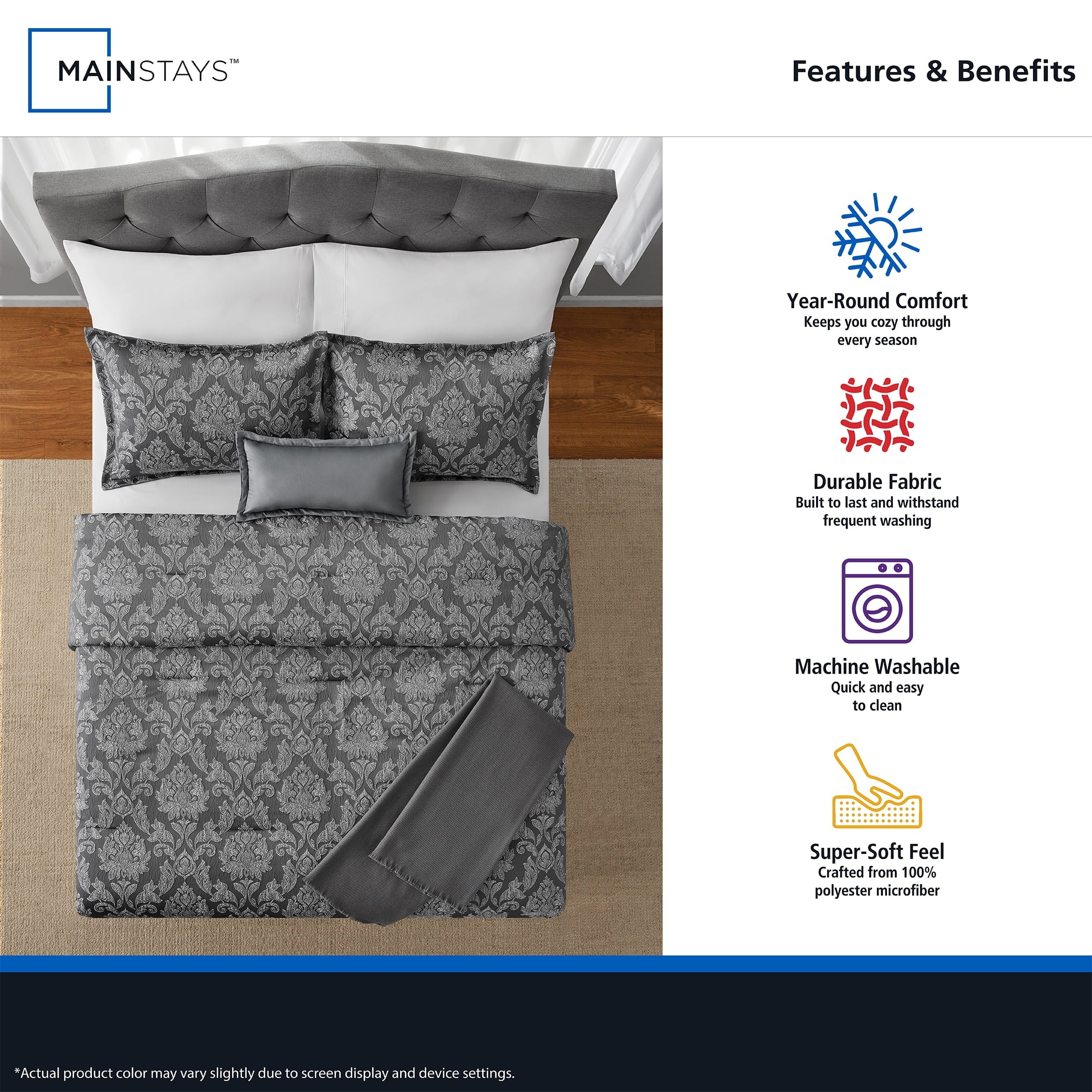 Heavyweight Warmth Full/Queen Comforter Set, All-Season, 5-Piece, Grey Jacquard Damask - All-Season Down Alternative Comforter Insert Detail