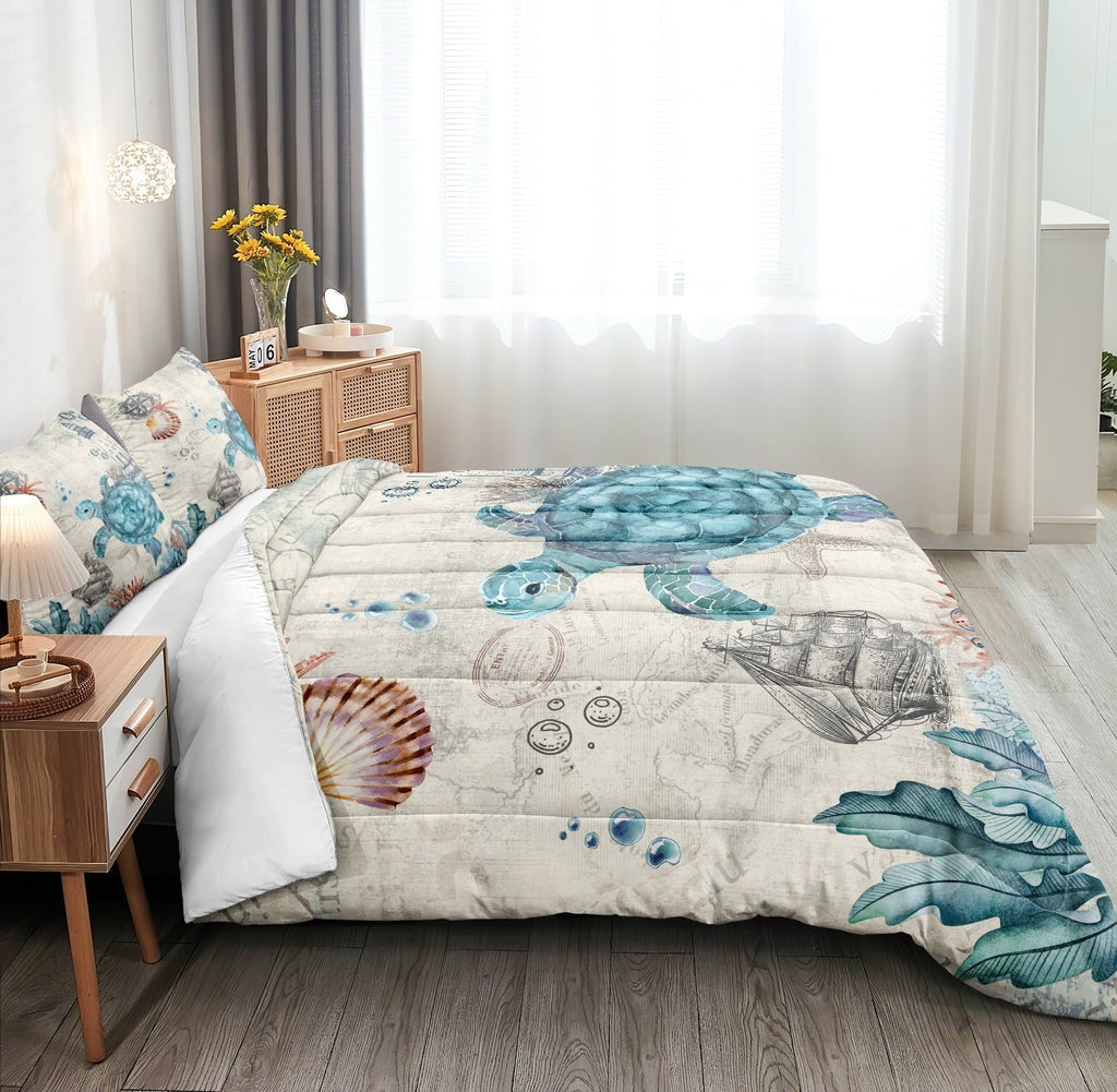 Heavyweight Warmth Sea Turtle Comforter Set Queen Ocean Beach Bedding Set Soft and Lightweight Retro Style Design Coastal Bedding Set - Cloud-Like Soft Lightweight Bed Comforter Detail