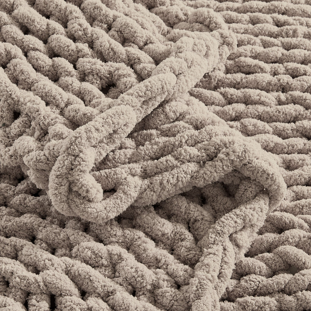 Cozy Fleece Chunky Knit Throw Blanket Handmade Soft Throws for Couch Sofa Bed, 50" x 60" Taupe - Luxury Knitted Decorative Throw Blanket with Fringes Detail