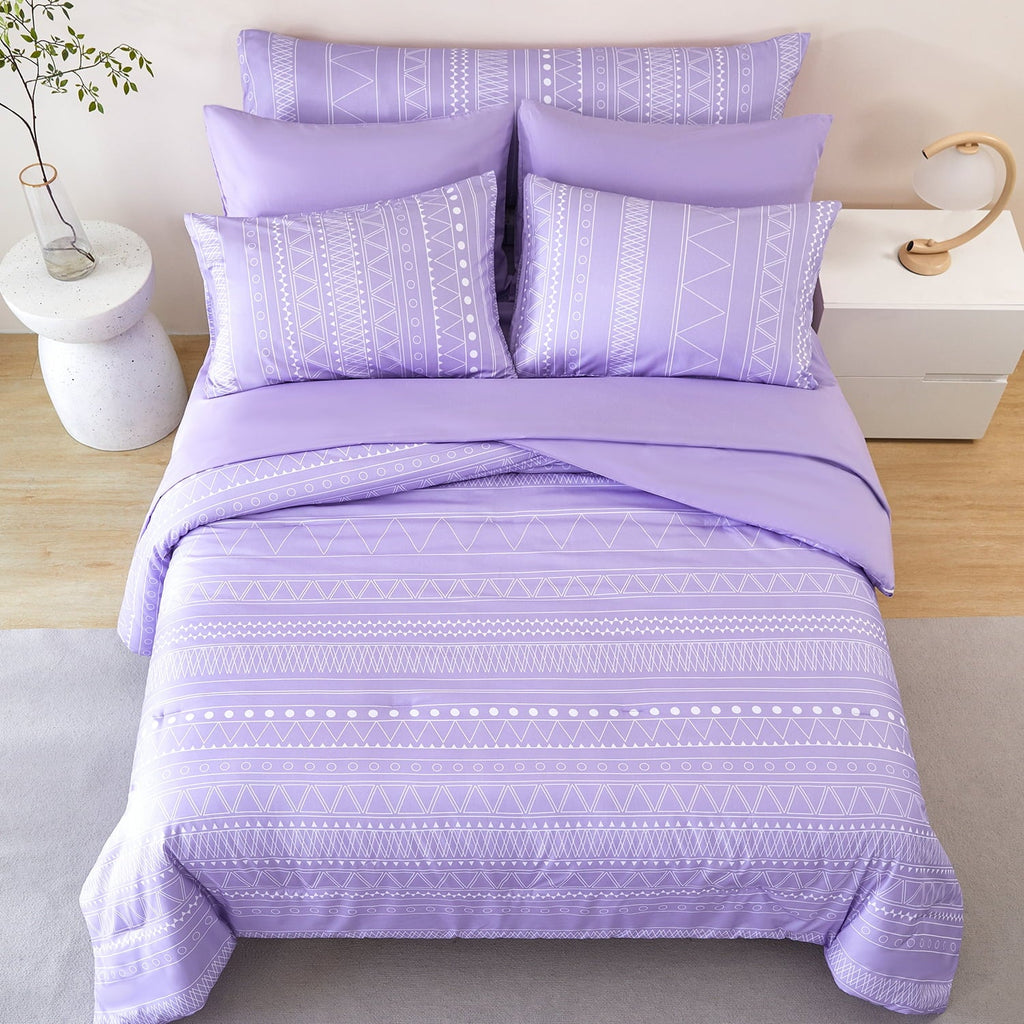Hypoallergenic Cloud 8-Pieces Boho Bedding Set Full Lavender Striped Bed in a Bag for Girls Women Soft Fluffy Purple Comforter Set with Sh... - Cloud-Like Soft Lightweight Bed Comforter Detail