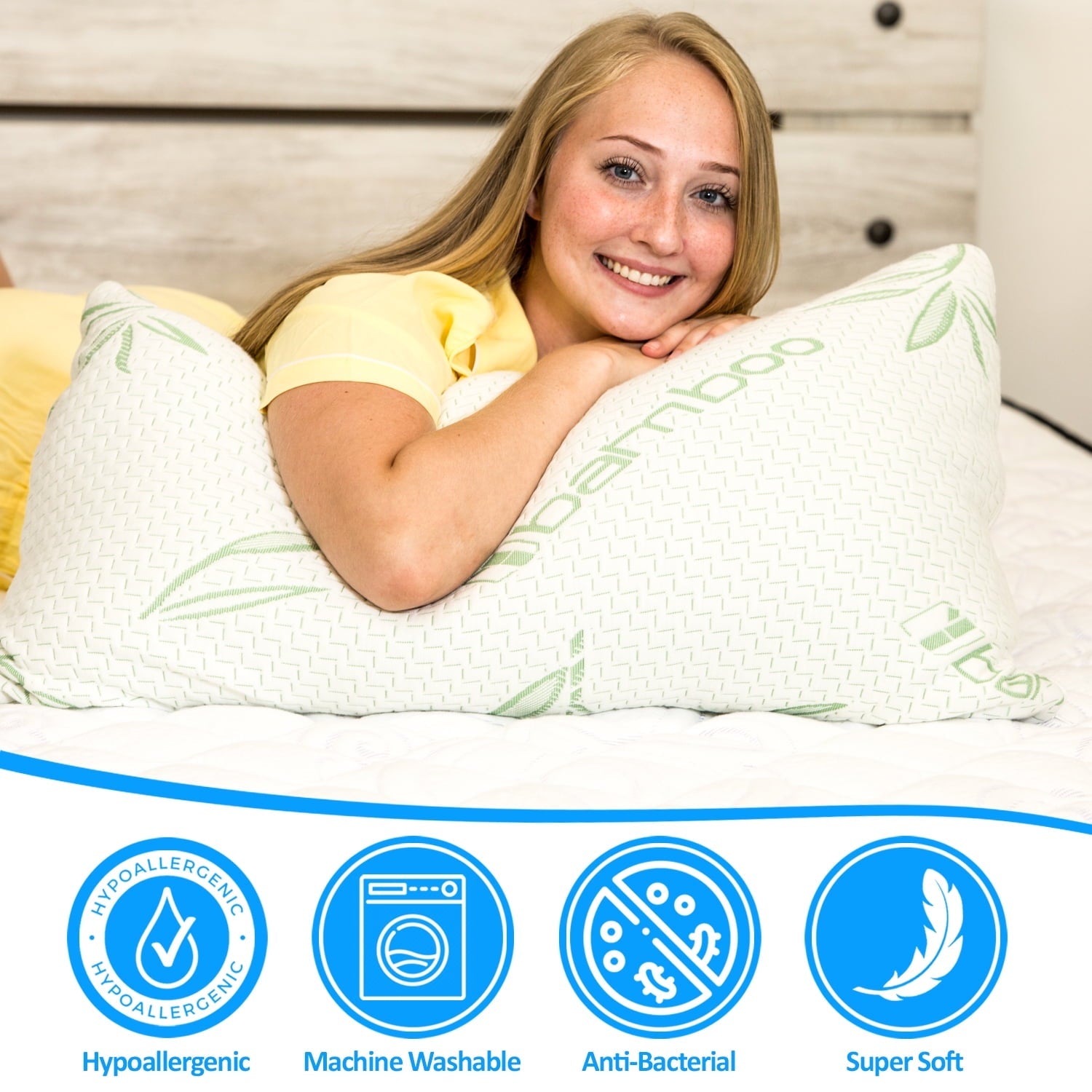 Hotel Collection Queen Size Bamboo Pillow, Memory Foam Bed Pillows with Washable Pillowcases, Queen - Decorative Throw Pillow Cushion for Sofa & Bed Detail