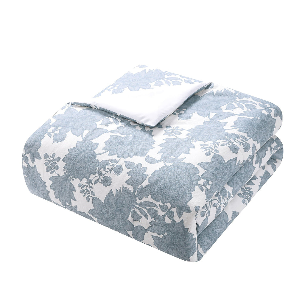 Fluffy Down Alternative Veronica 3-Piece Blue Floral Cotton Slub Comforter Set, King - Luxurious Quilted Duvet Cover Set Detail