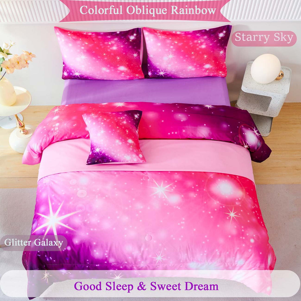 Heavyweight Warmth 4Pcs Rainbow Twin Size Comforter Set for Girls, Pink Purple Gradient Glitter Kids Bedding Sets, Soft Galaxy Girls Bed... - All-Season Down Alternative Comforter Insert Detail