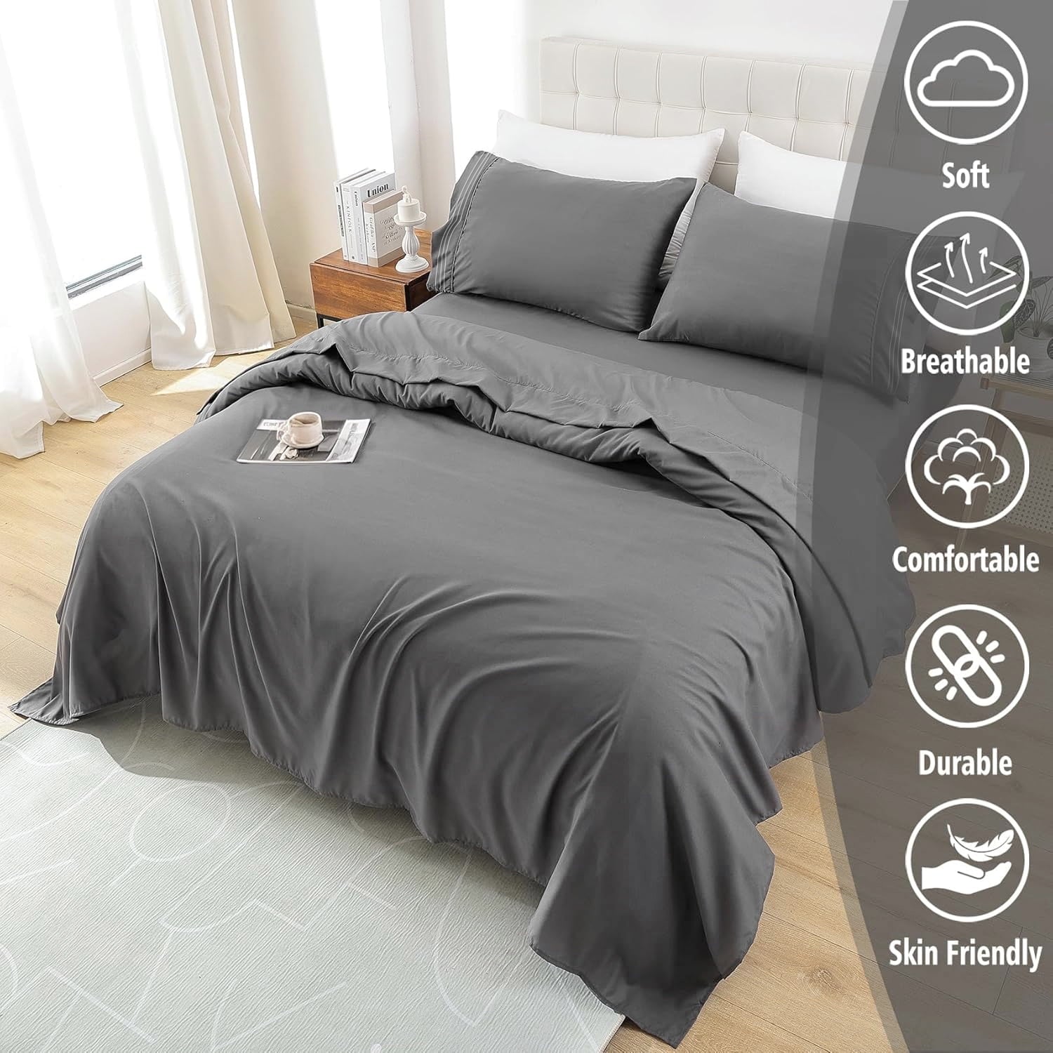Wrinkle-Resistant 4 Piece Bed Sheet Set, Queen Size Upgraded Cooling Deep Pocket Comfy Breathable Hotel Luxury Bedding, Extra Soft Wrin... - Premium Ultra-Soft Pillowcase Pair for Sleeping Detail