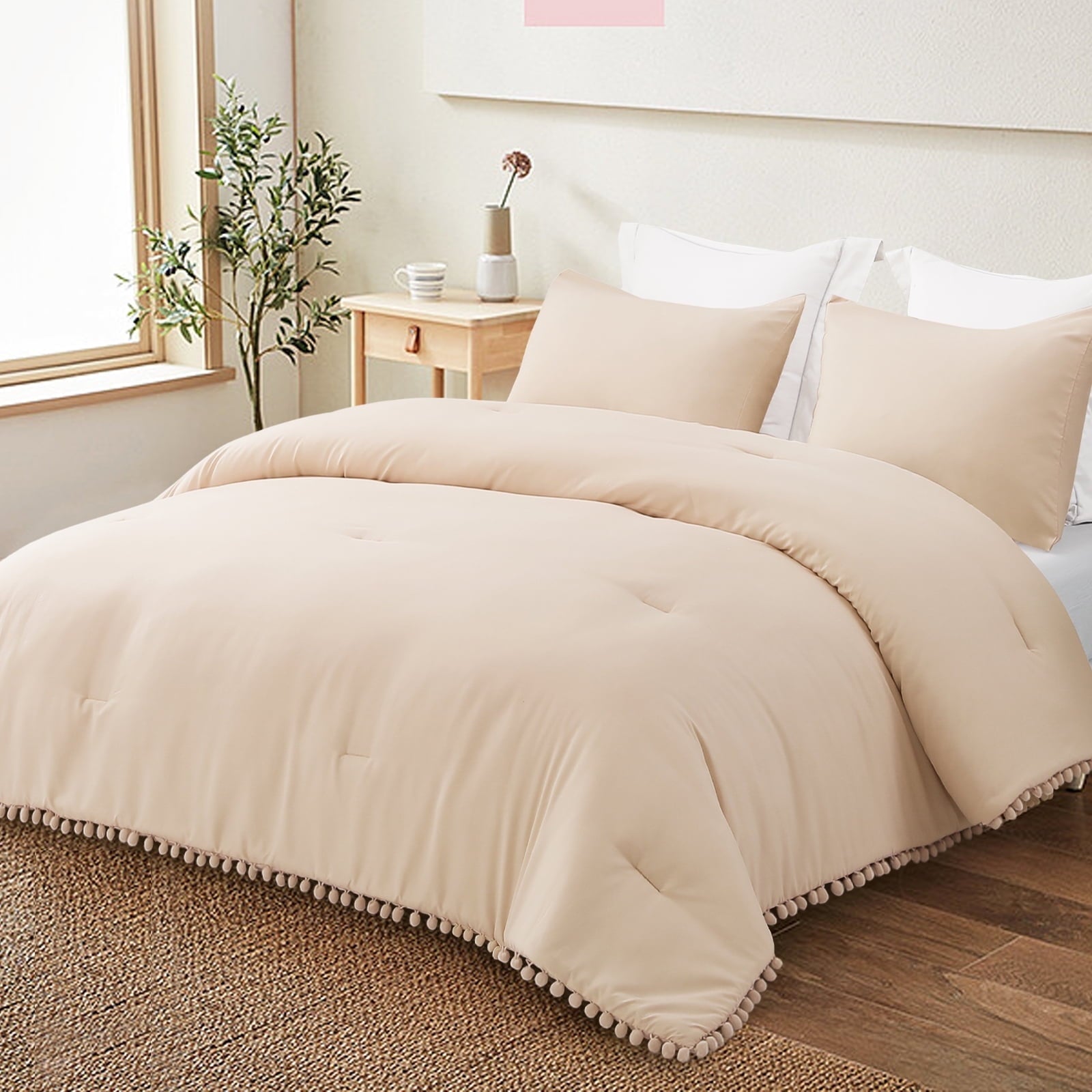 Luxurious Quilted Boho Pom Pom Ball Fringe King Size Comforter Set, 3 Pieces Beige Lightweight Down Alternative Bedding Comforter Sets ... - Luxurious Quilted Duvet Cover Set Detail