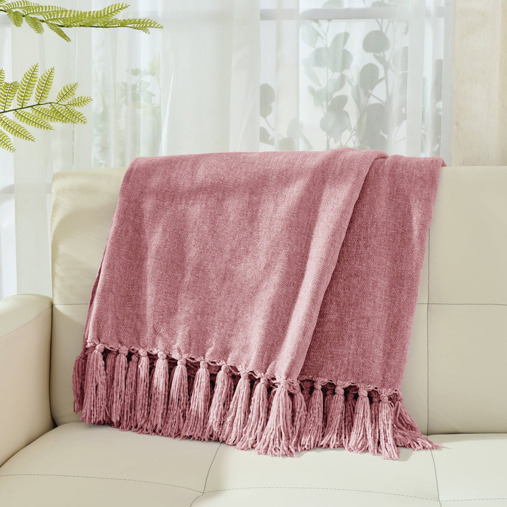 Super Soft Flannel Chenille Throw Blanket with Fringe Tassel for Couch Sofa Chair Bed, Mauve 50" X 70" - Cozy Fleece Throw Blanket for Couch & Bed Detail
