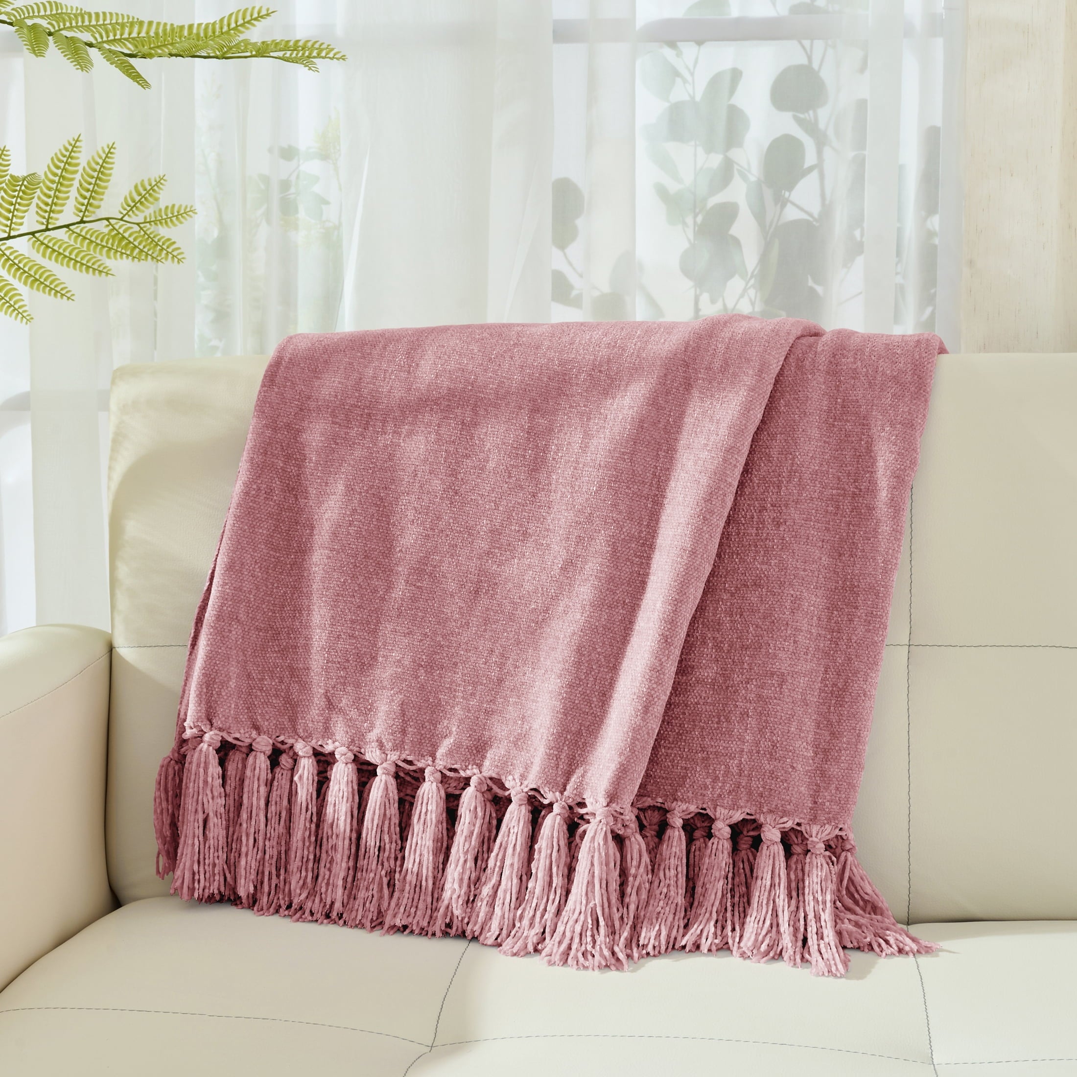 Super Soft Flannel Chenille Throw Blanket with Fringe Tassel for Couch Sofa Chair Bed, Mauve 50" X 70" - Cozy Fleece Throw Blanket for Couch & Bed Detail