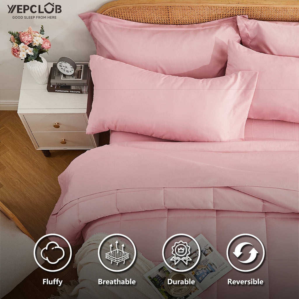 Fluffy Down Alternative 7-Piece Queen Size Comforter Set,Pink Reversible Bed in a Bag,All Season Solid Bedding Set with Sheets,Pillowcases & ... - All-Season Down Alternative Comforter Insert Detail