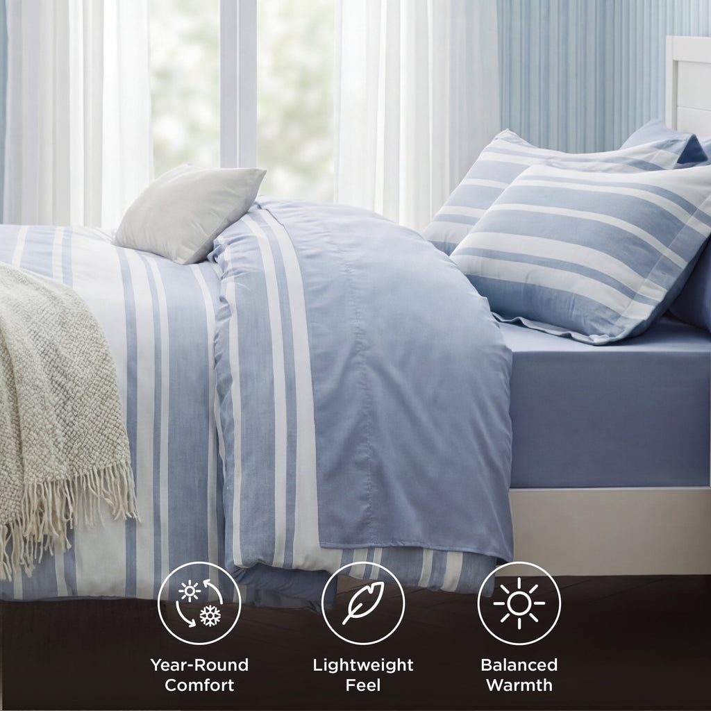Fluffy Down Alternative Queen Comforter Set Blue, Bed in a Bag Queen Size Bedding 7-Pieces, Striped Bedding Set for All Seasons - Luxurious Quilted Duvet Cover Set Detail