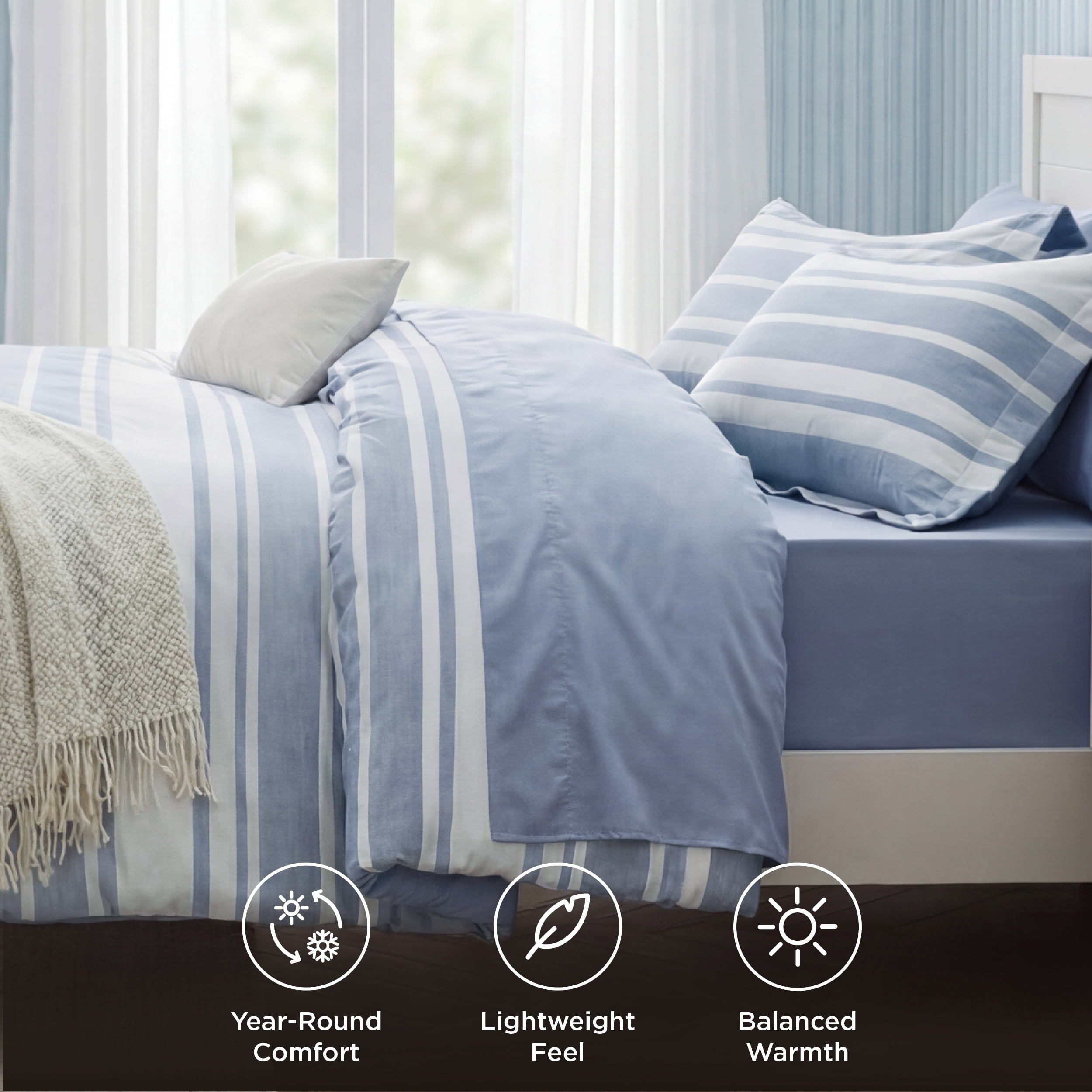 Fluffy Down Alternative Queen Comforter Set Blue, Bed in a Bag Queen Size Bedding 7-Pieces, Striped Bedding Set for All Seasons - Luxurious Quilted Duvet Cover Set Detail