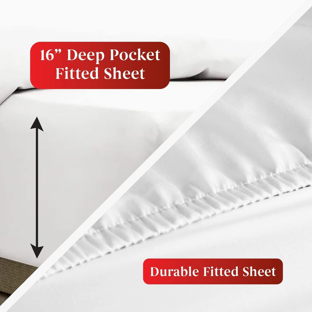 Breathable Luxury Sheet Set of 4, 16-inch Deep Pocket - Microfiber Bed Sheets, White - Breathable Egyptian Cotton Flat & Fitted Sheets Detail