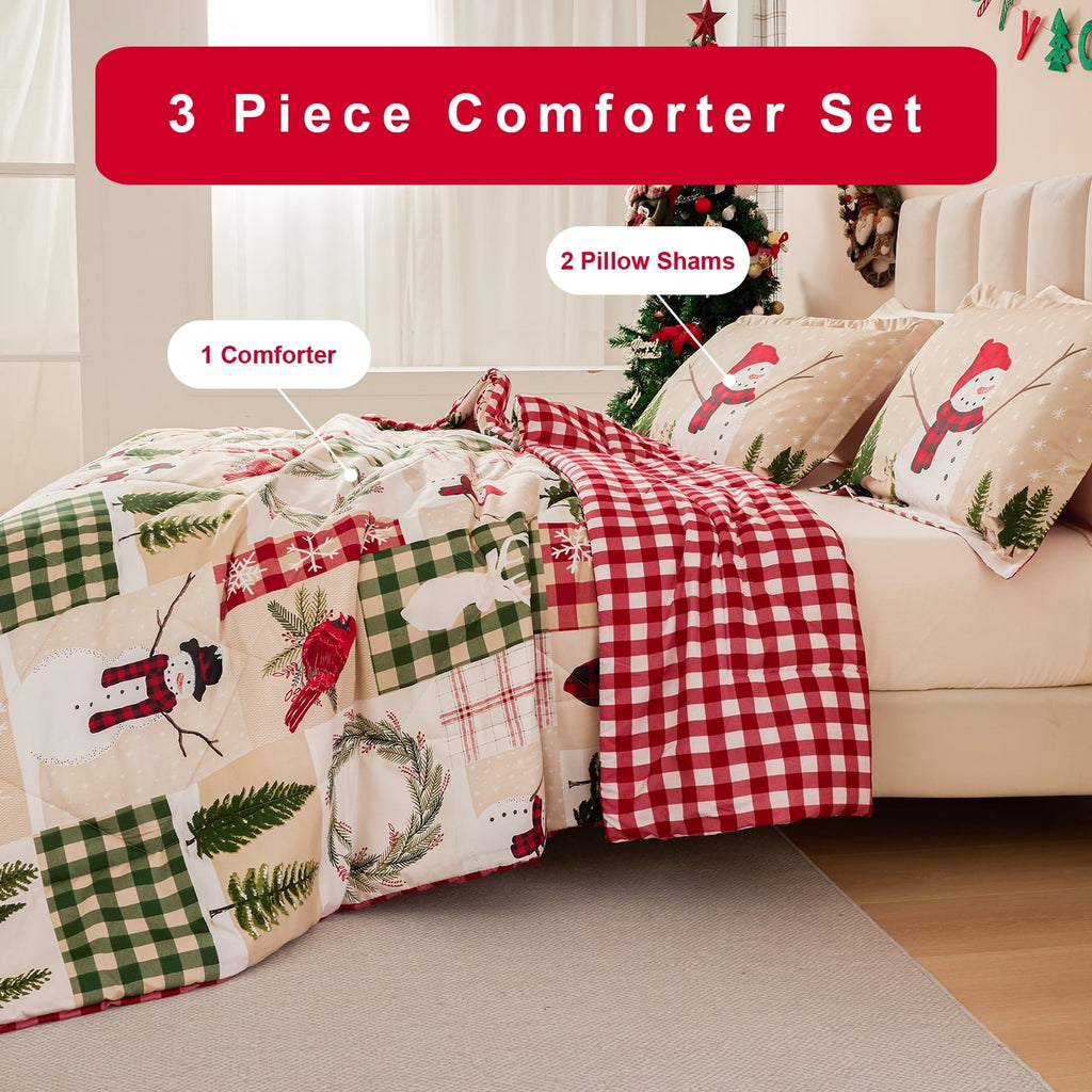 All-Season 3 Pcs Christmas Comforter Set, Bed in a Bag Wreath Snowman Queen/Full Size Xmas Bedding Set Fitted Pillowcases for Adult - Hypoallergenic Ultra-Fluffy Quilt for Winter Detail