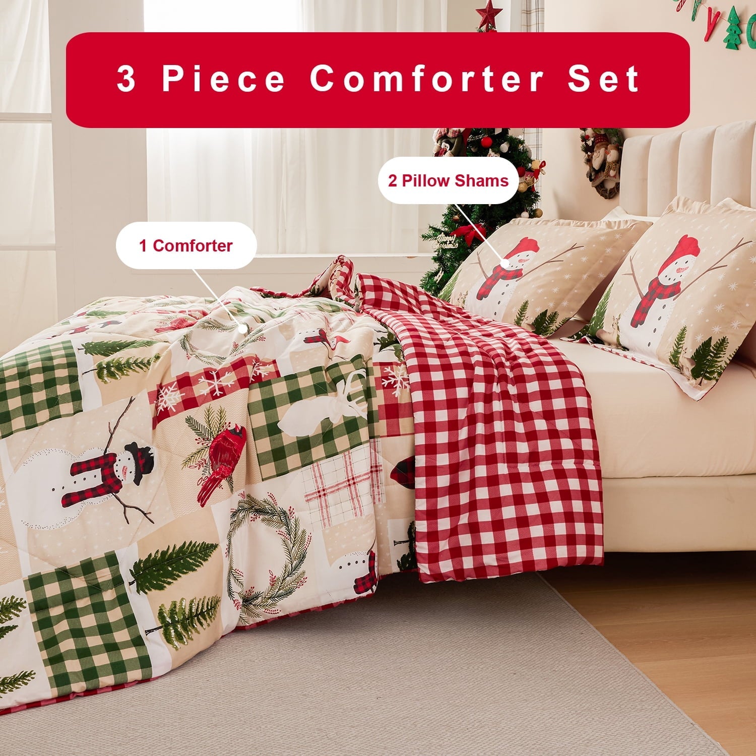 All-Season 3 Pcs Christmas Comforter Set, Bed in a Bag Wreath Snowman Queen/Full Size Xmas Bedding Set Fitted Pillowcases for Adult - Hypoallergenic Ultra-Fluffy Quilt for Winter Detail
