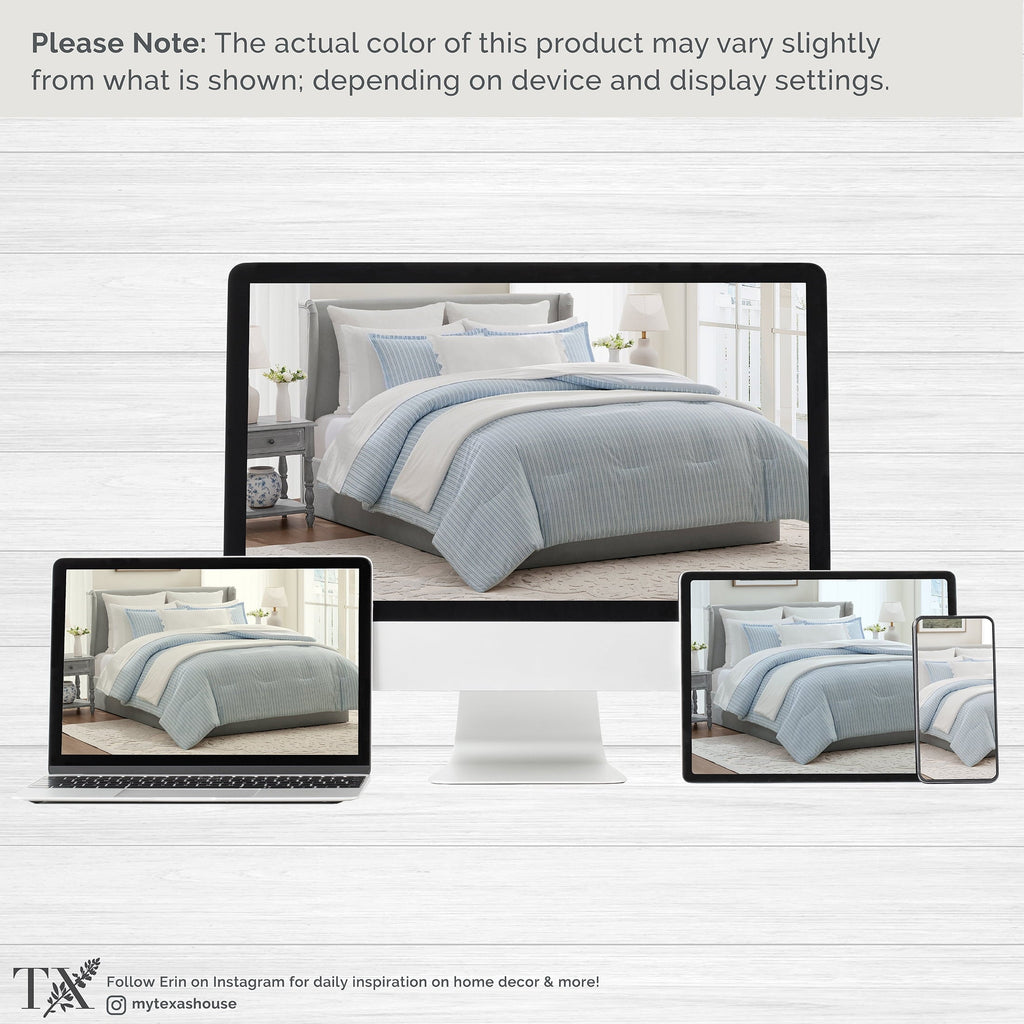 All-Season Stripe 11-Piece Comforter Set with Sheets, Blue, Queen - Luxurious Quilted Duvet Cover Set Detail
