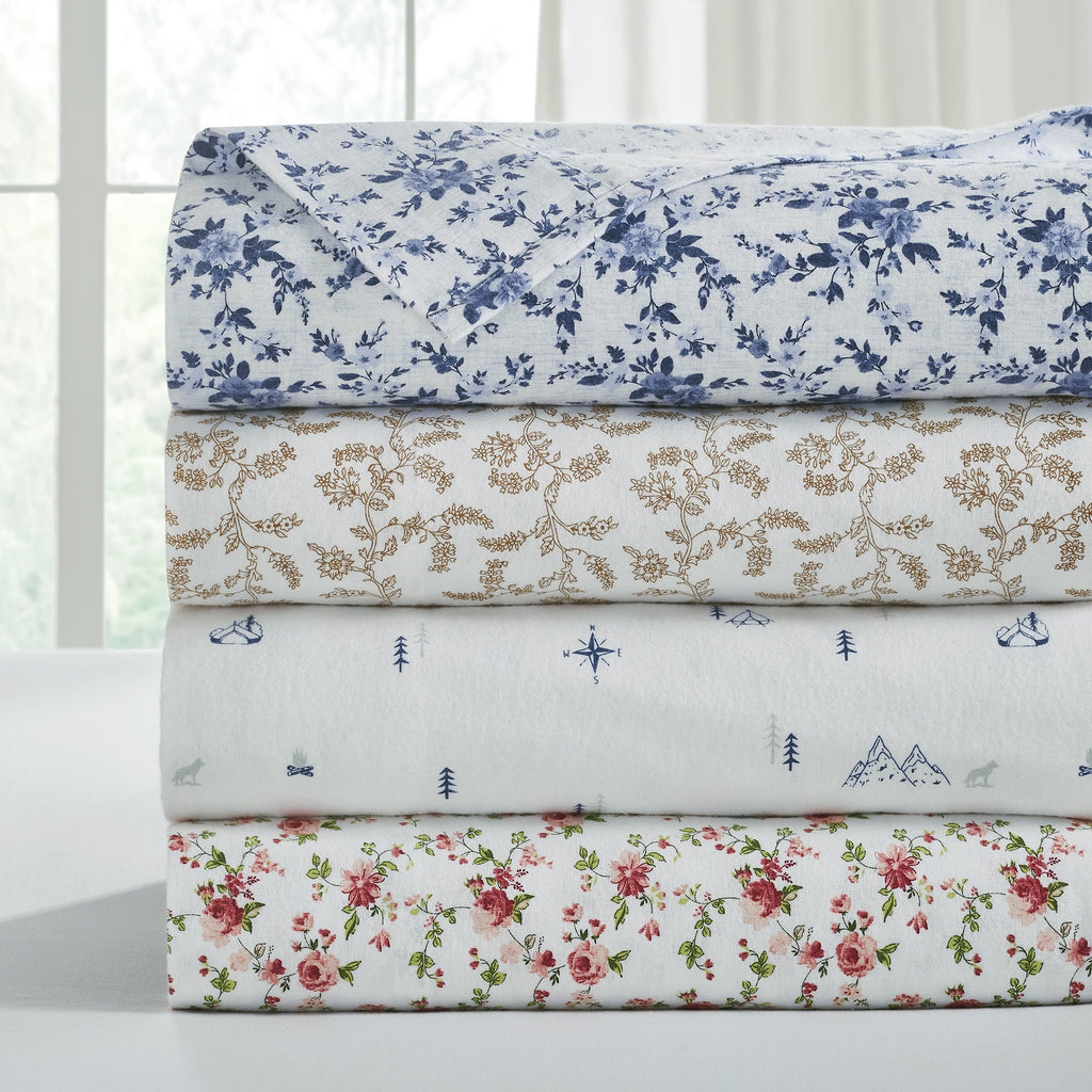 Cooling Sateen 3-Piece Brittany Printed Cotton Flannel Adult Bed Sheet Set, Twin - Cooling Hotel Quality Bedding Sheets and Pillowcases Detail