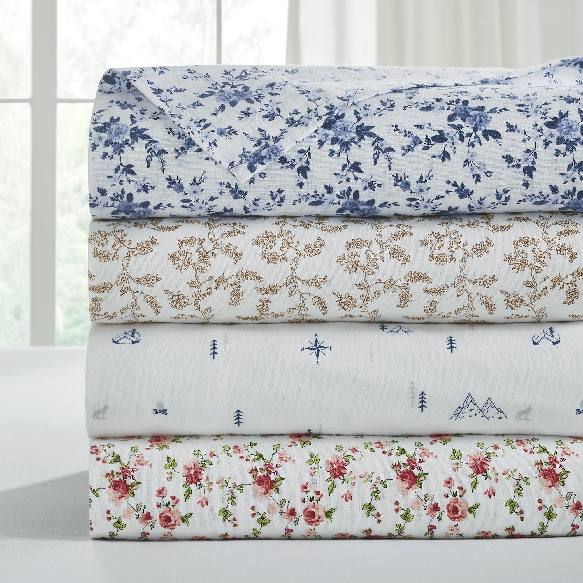 Cooling Sateen 3-Piece Brittany Printed Cotton Flannel Adult Bed Sheet Set, Twin - Cooling Hotel Quality Bedding Sheets and Pillowcases Detail