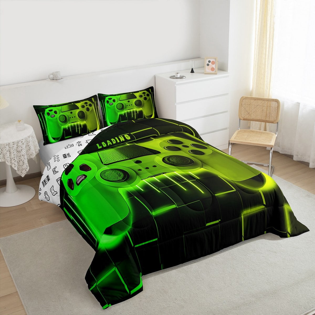 All-Season Green Yellow Gaming Full Size Comforter Sets - Gamer Comforter Full Size Bedding Set, Neon Lights Abstract Geometry D... - All-Season Down Alternative Comforter Insert Detail