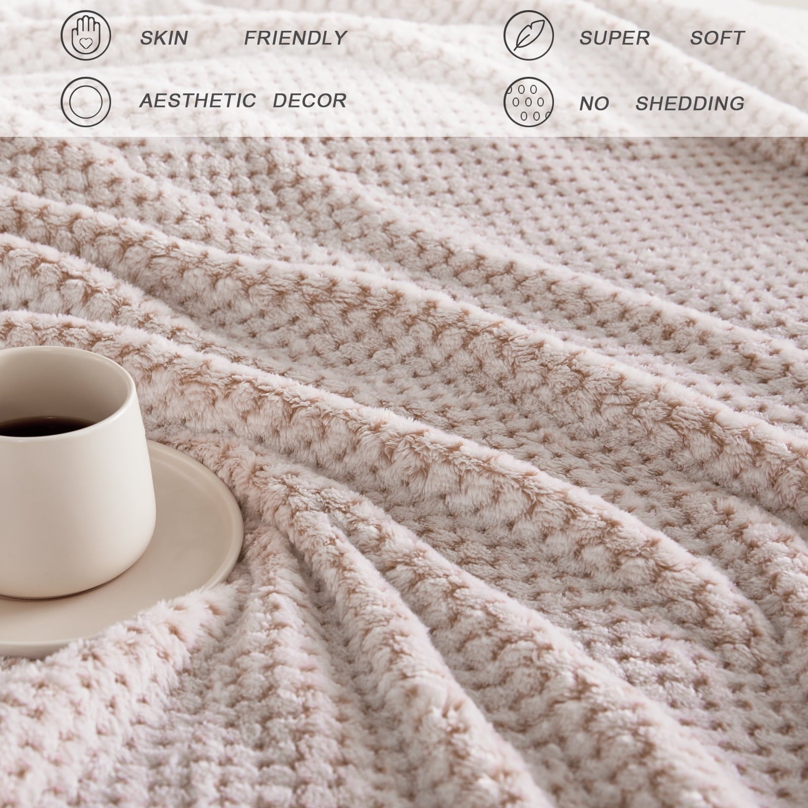 Decorative Knitted Waffle Textured Mixed Camel Fleece Blanket, Super Soft and Warm 50"x70" Throw Blanket for Couch, Cozy, Fuzzy and Ligh... - Lightweight Plush Warm Blanket for All Seasons Detail