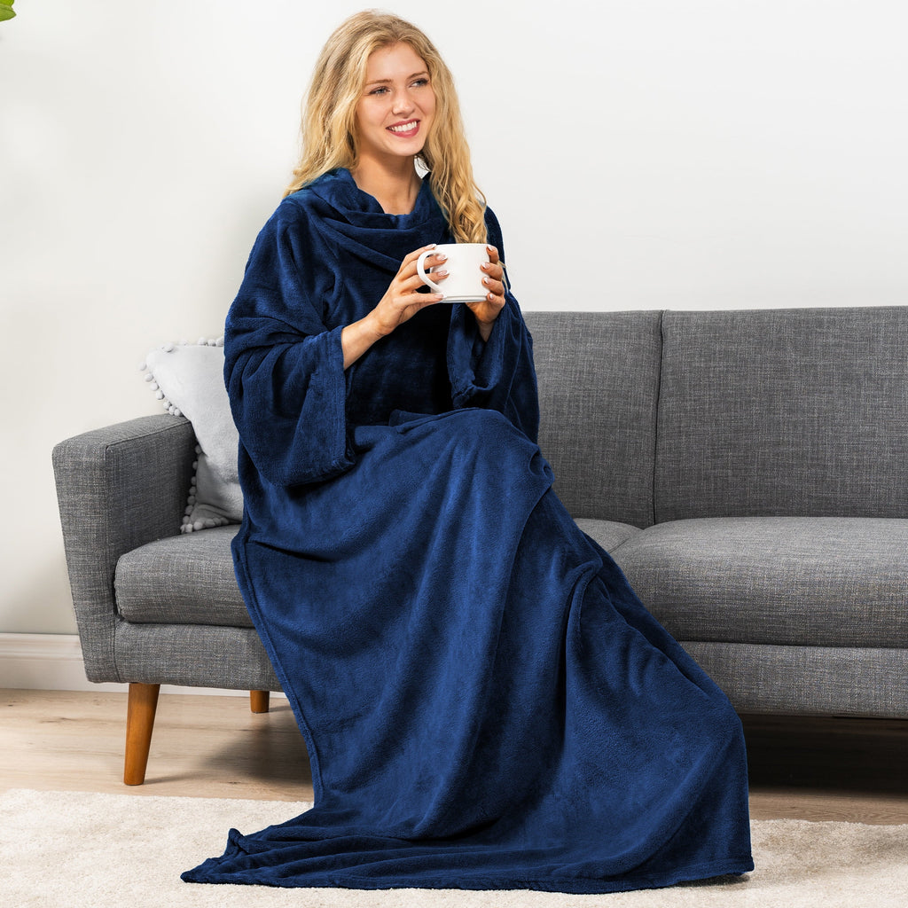 Super Soft Flannel Navy Blue Fleece Wearable Blanket with Sleeves for Adults Women Men, Soft Warm Full Body Wrap Throw, Sweatshirt Pocke... - Luxury Knitted Decorative Throw Blanket with Fringes Detail