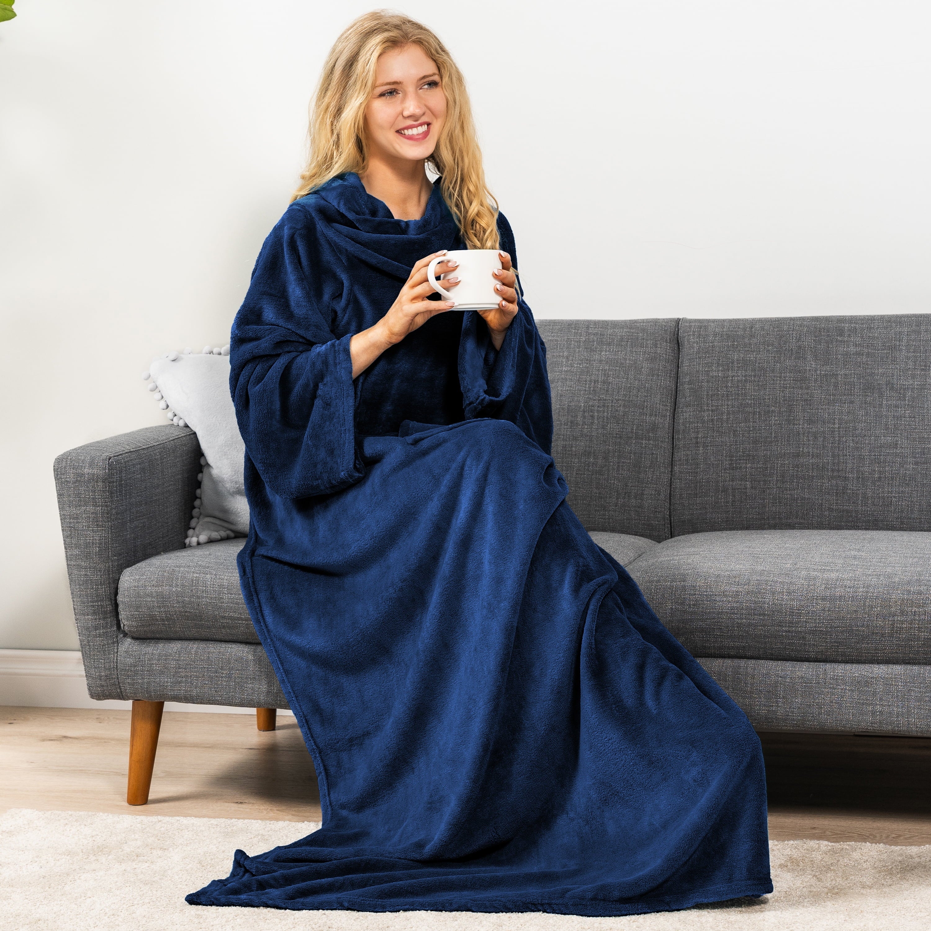 Super Soft Flannel Navy Blue Fleece Wearable Blanket with Sleeves for Adults Women Men, Soft Warm Full Body Wrap Throw, Sweatshirt Pocke... - Luxury Knitted Decorative Throw Blanket with Fringes Detail