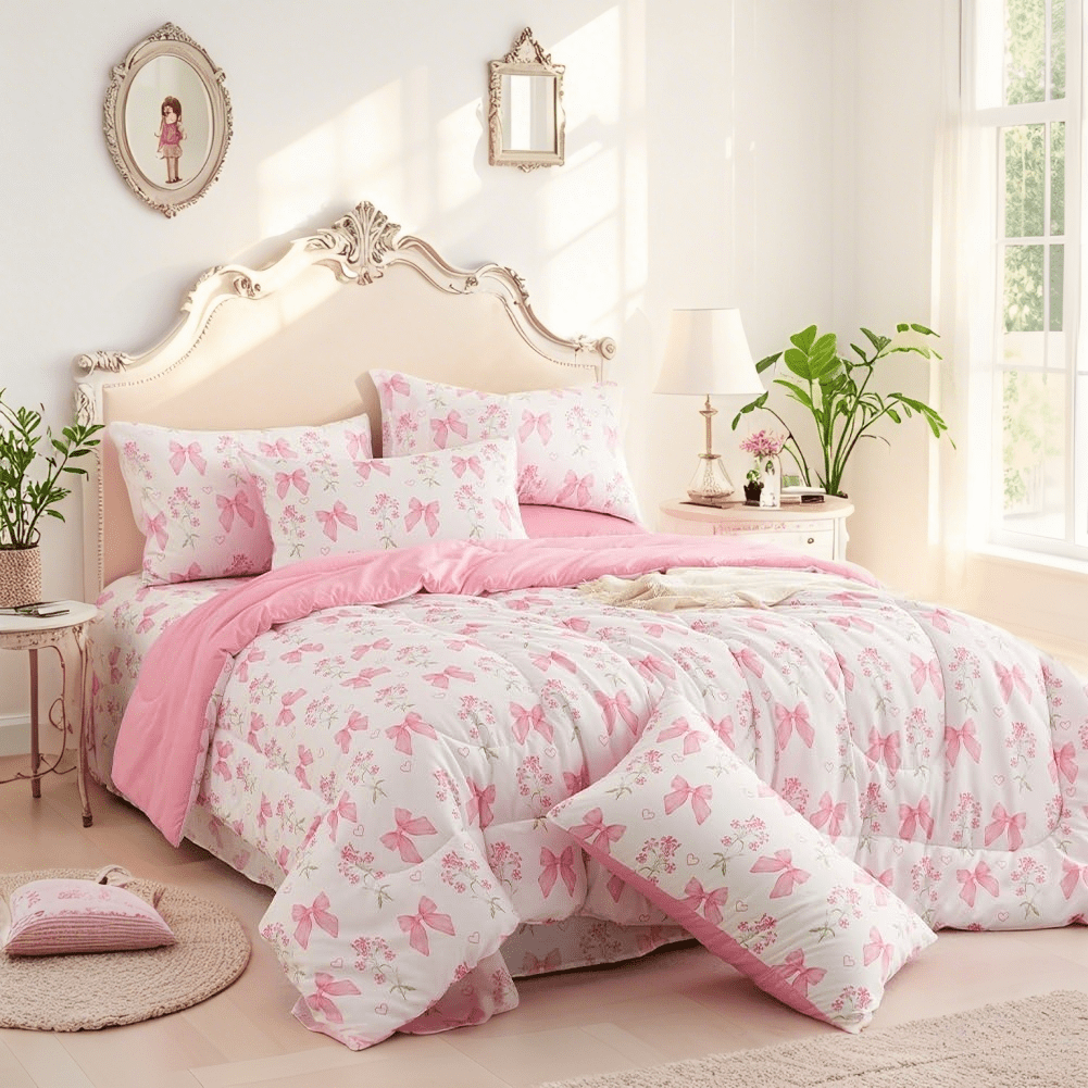 Hypoallergenic Cloud Pink Bowknot Girls Comforter Set Twin Size, 3 Pieces Bows Princess Style Bedding Set for Girls for All Season - Cloud-Like Soft Lightweight Bed Comforter Detail